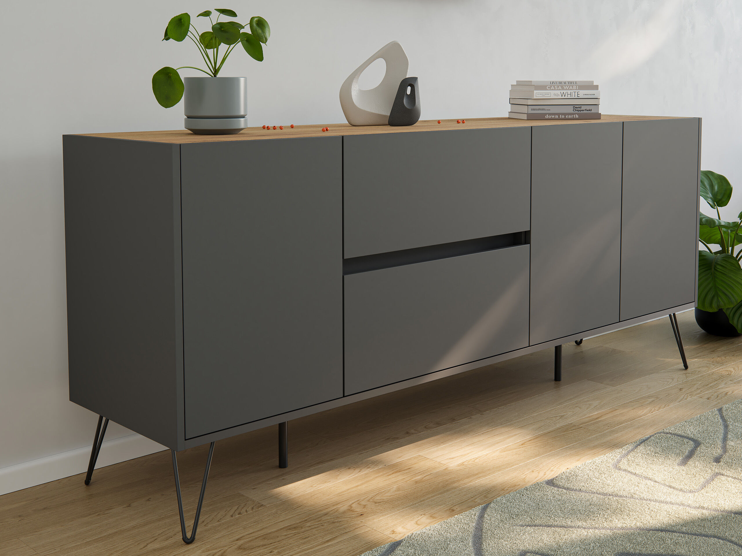 Sideboard Yako 180cm 2 SoftClose 3 Türen Grafit/Eiche Top