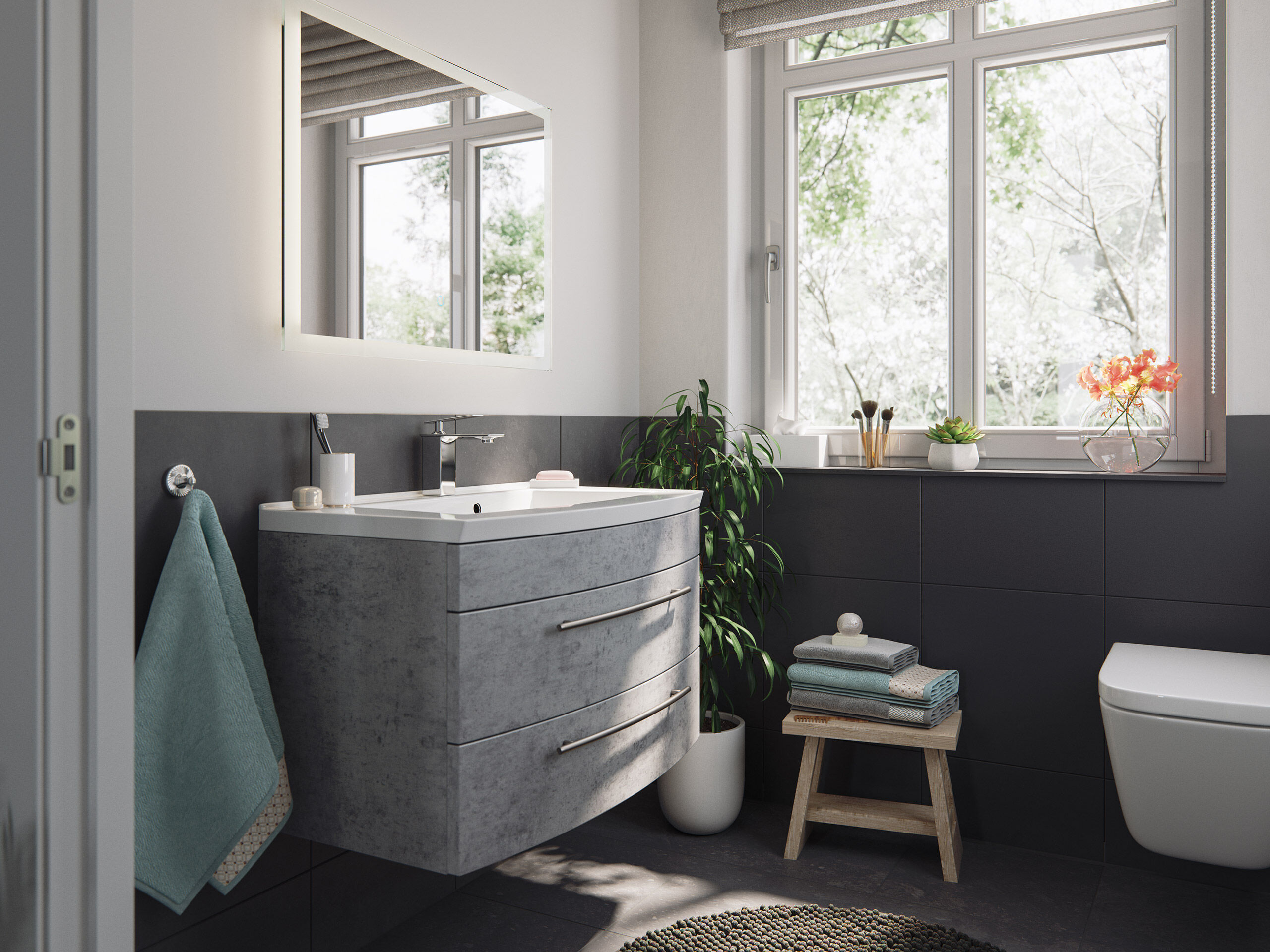 Badmöbel Bella 80 mit runder Front SoftClose beton LED Spiegel