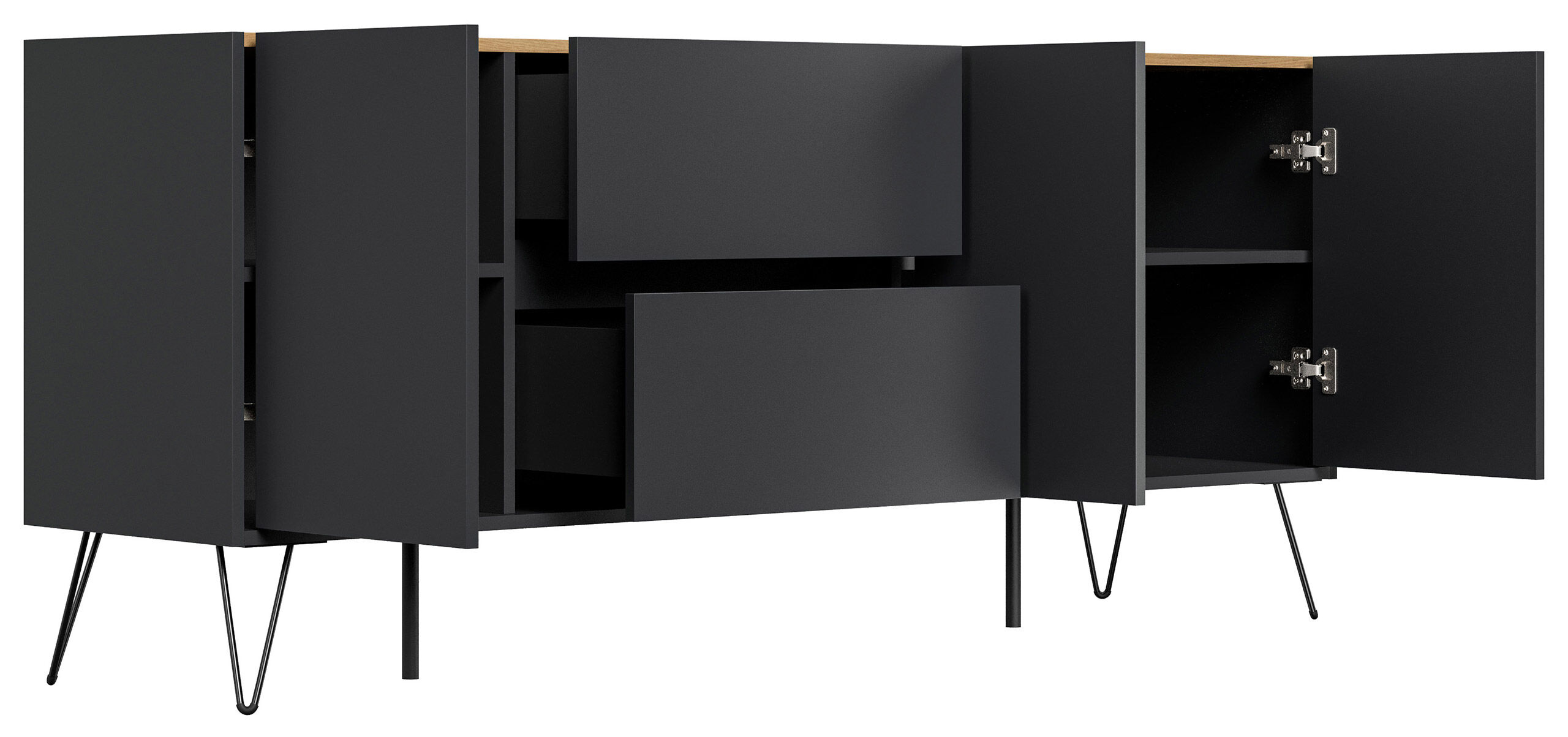 Sideboard Yako 180cm 2 SoftClose 3 Türen Grafit/Eiche Top