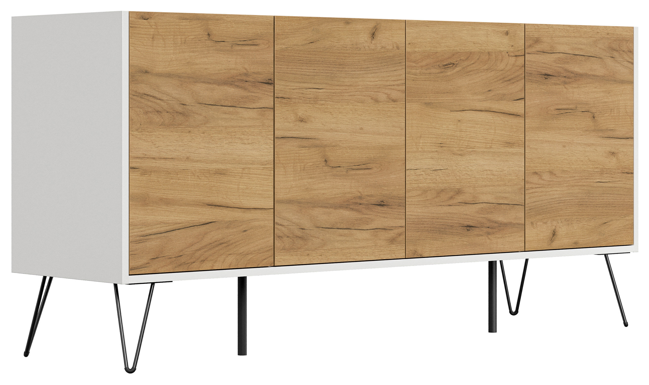 Raumwunder XL Sideboard Kommode Maxim 155cm stehend 4 Türen Weiß/Eiche Front