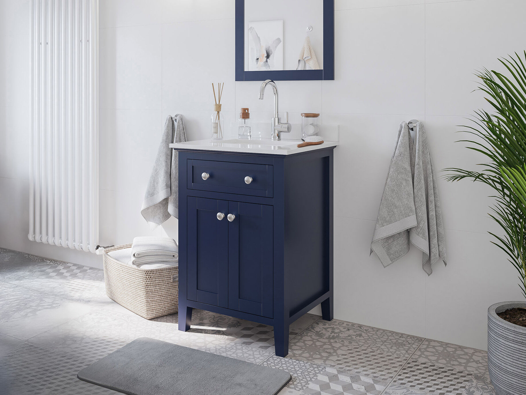 Landhaus Badmöbel-Set 2tlg Postigo 60 Quarz weiß montiert blau lackiert 