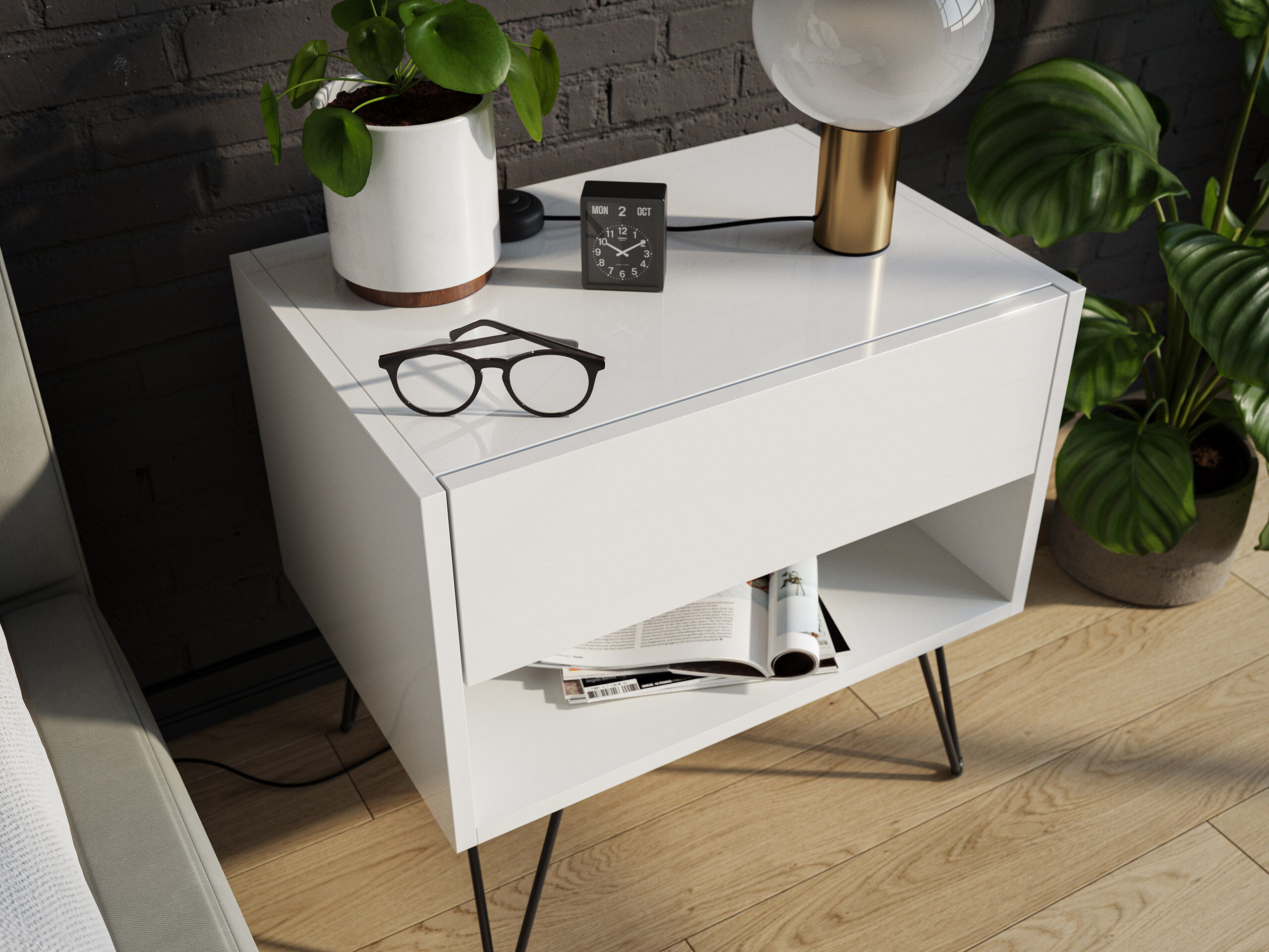 2er Set Nachttisch Kommode Dion 50cm SoftClose stehend Grafit & Eiche Front