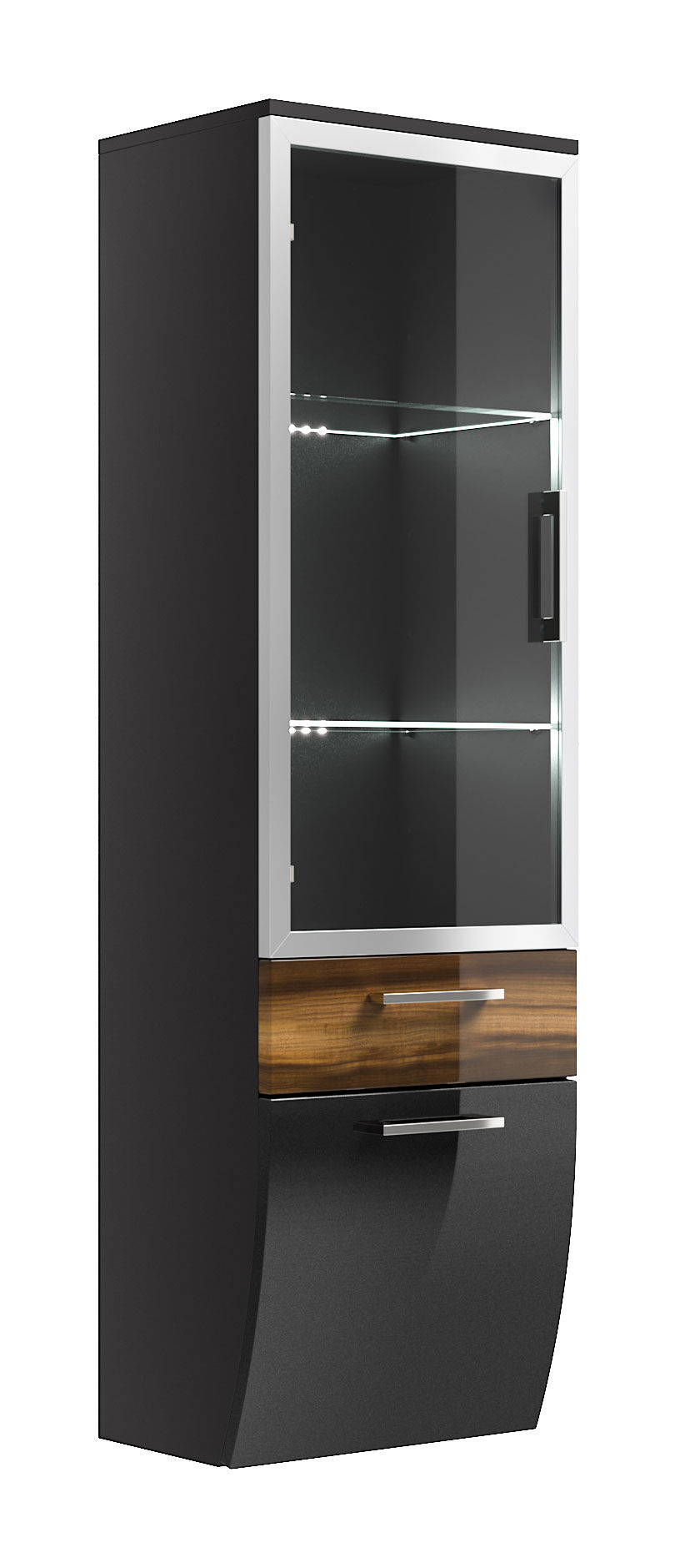 Hochschrank Rima 135 cm mit Glastür rund Walnuss hochglanz/Grafit hochglanz