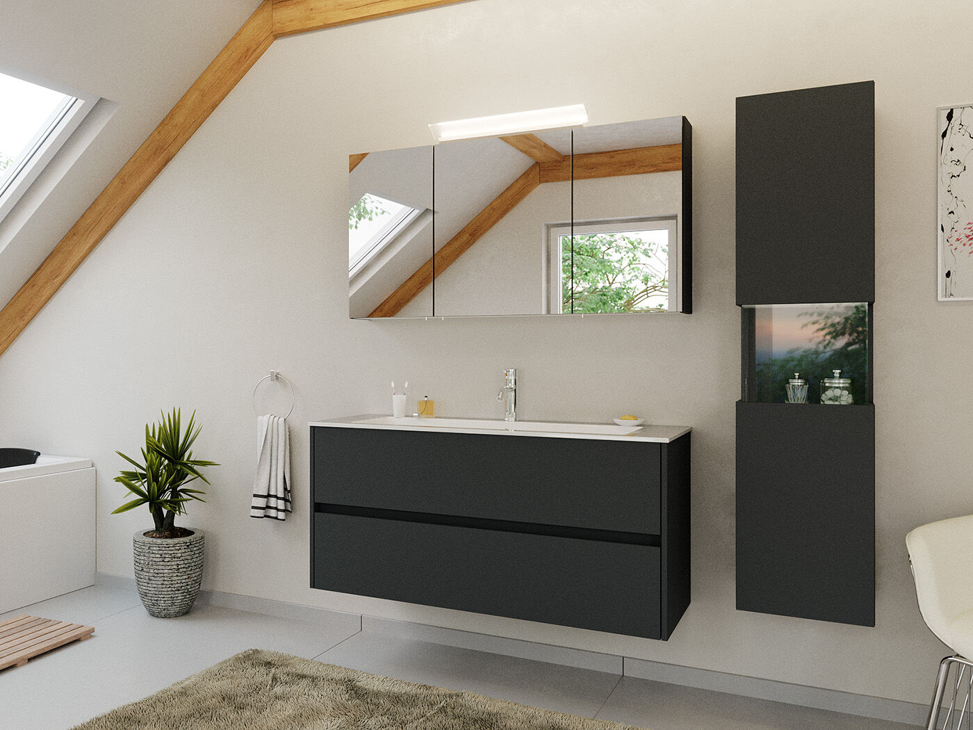 Badmöbel Set Taifun 3tlg. 120 cm mit Spiegelschrank & Hochschrank Grafit | Grafit