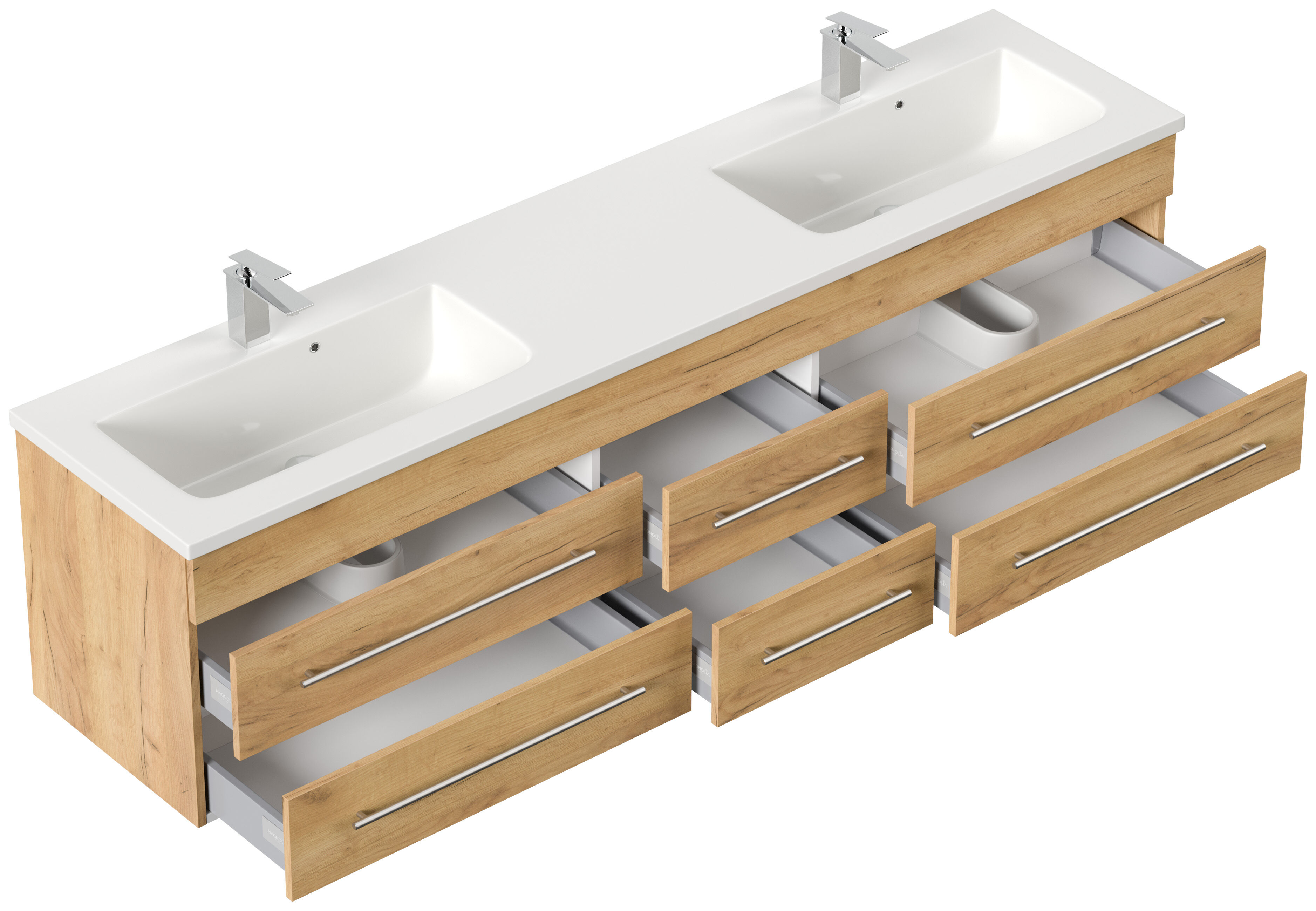 Badmöbelset Colossos200 4-teilig LED Spiegel Hochschrank 3er Boxen eiche gold