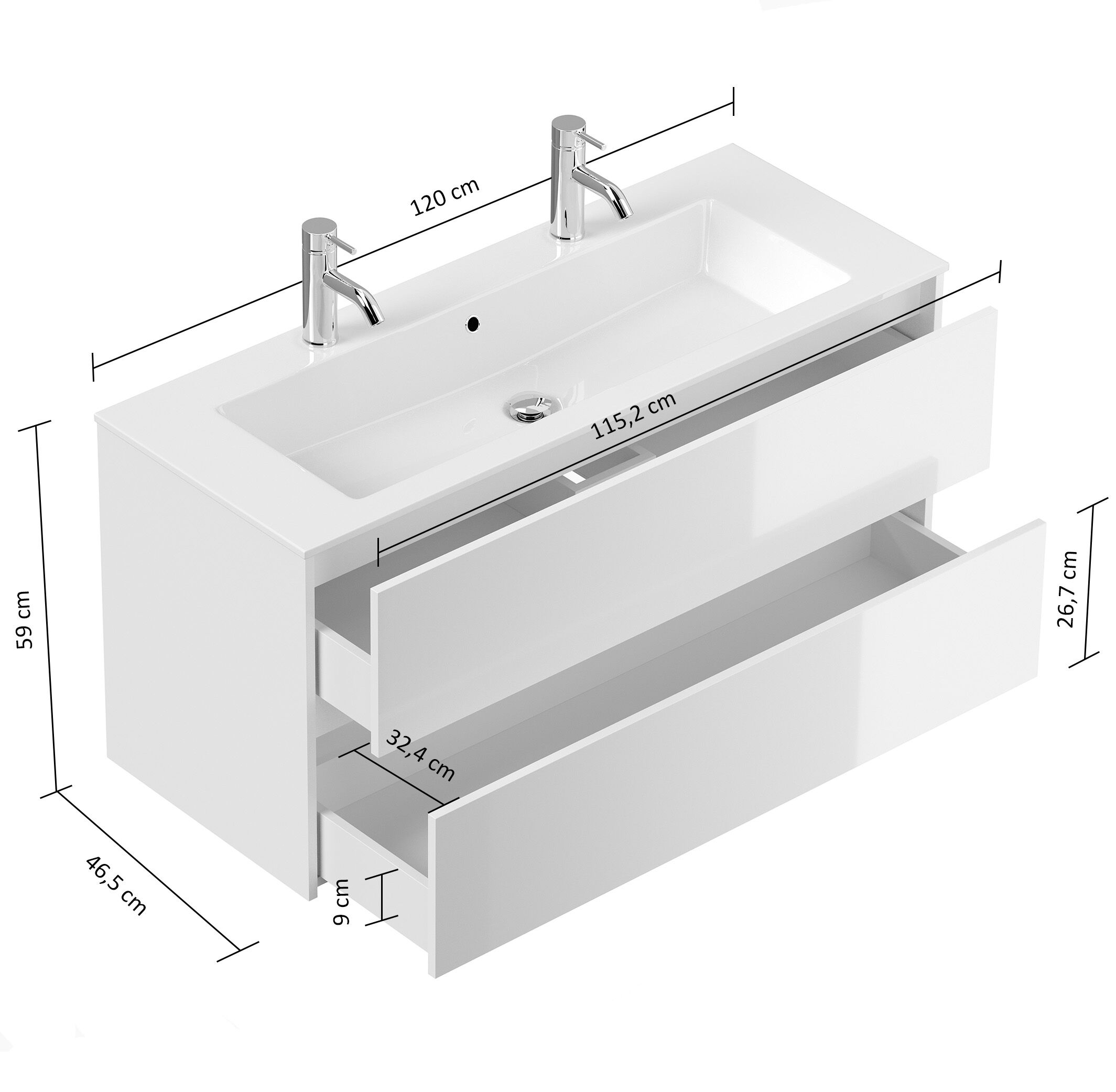 Doppel-Badmöbel Set Taifun 3tlg. 120 cm mit Spiegelschrank & Hochschrank weiß 
