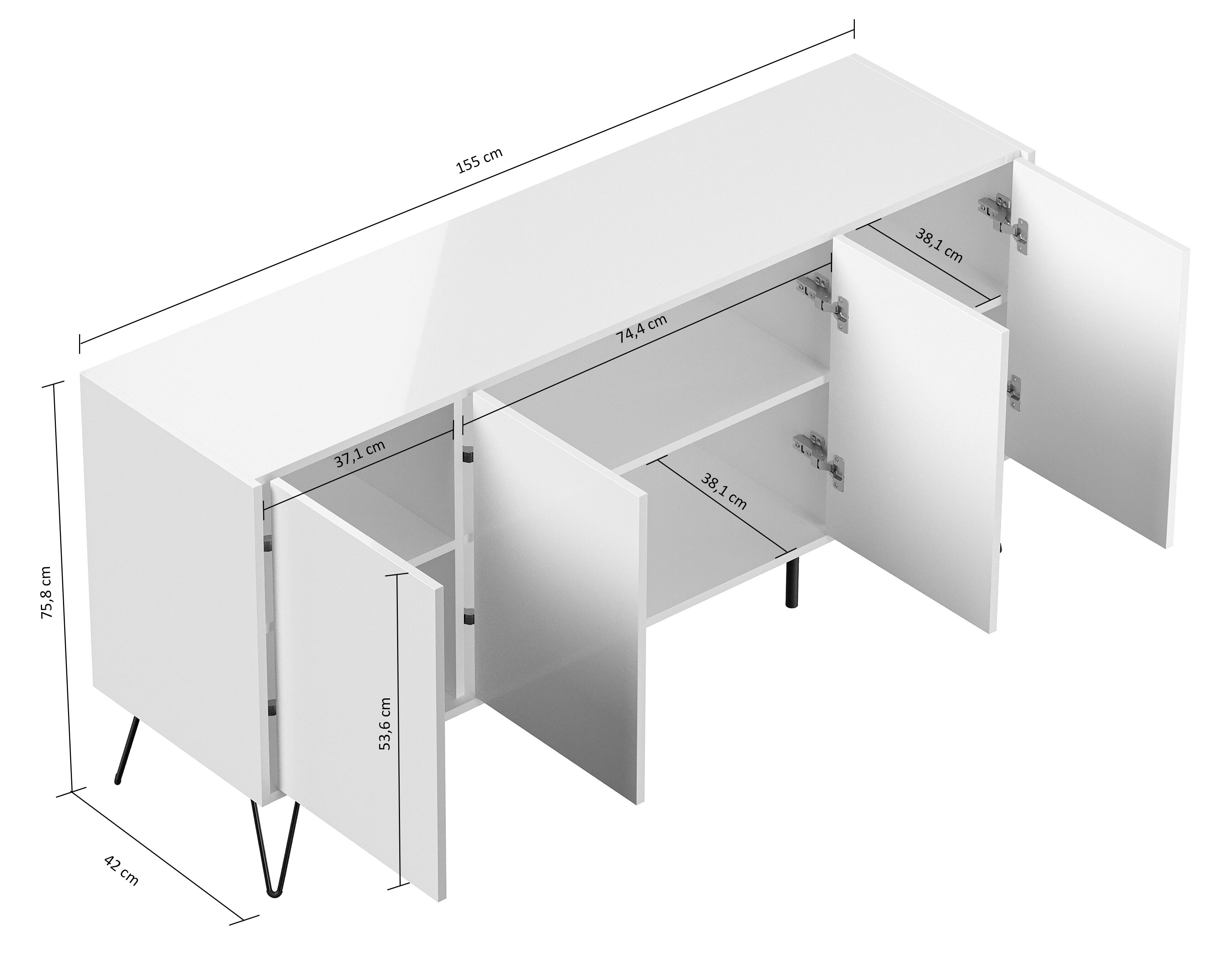 Raumwunder XL Sideboard Kommode Maxim 155cm stehend 4 Türen Weiß hochglanz