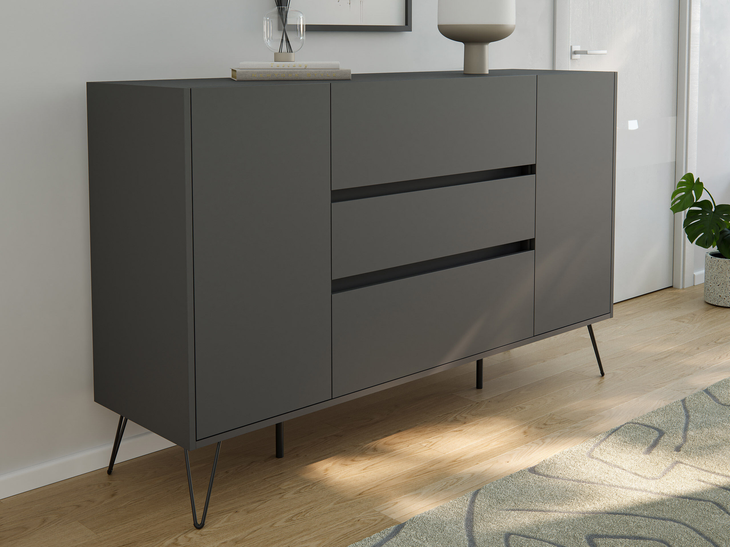Sideboard Kommode Lovo 155cm Greifraum 3 SoftClose 2 Türen Weiß/Eiche Front