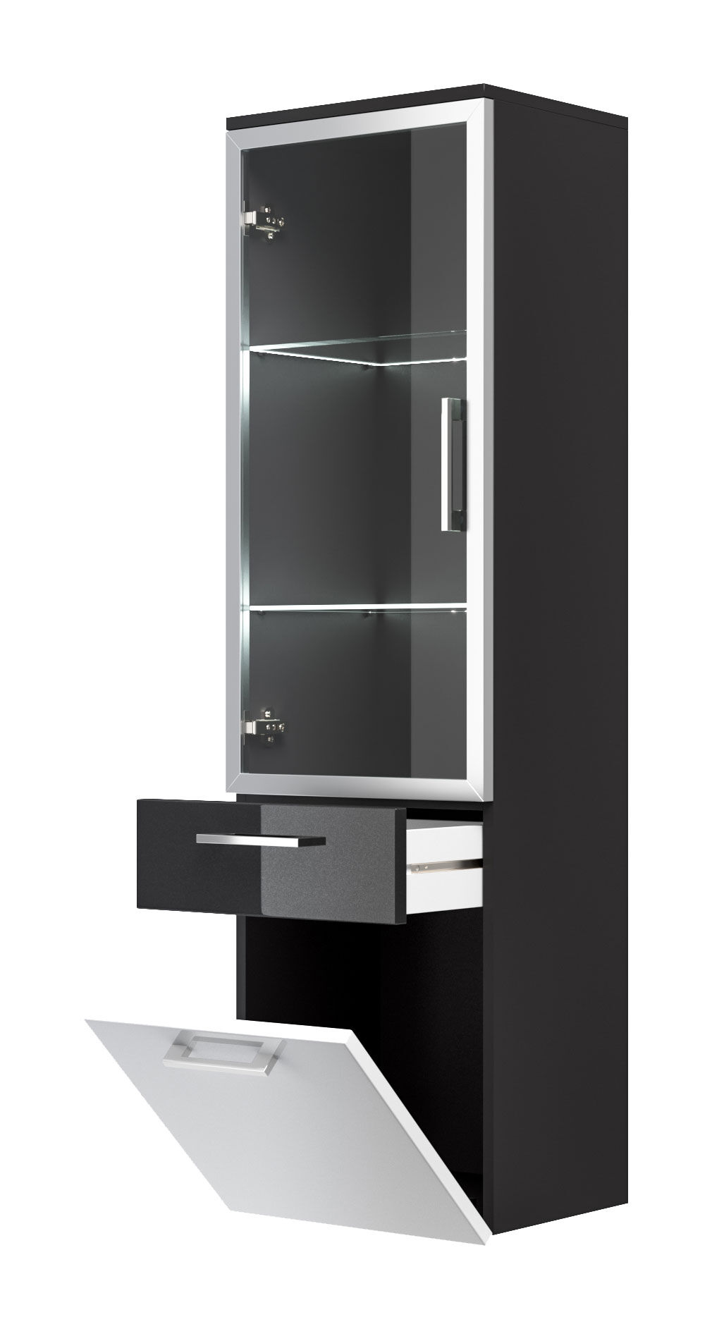 Hochschrank Rima 135 cm mit Glastür Weiss hochglanz/Grafit hochglanz