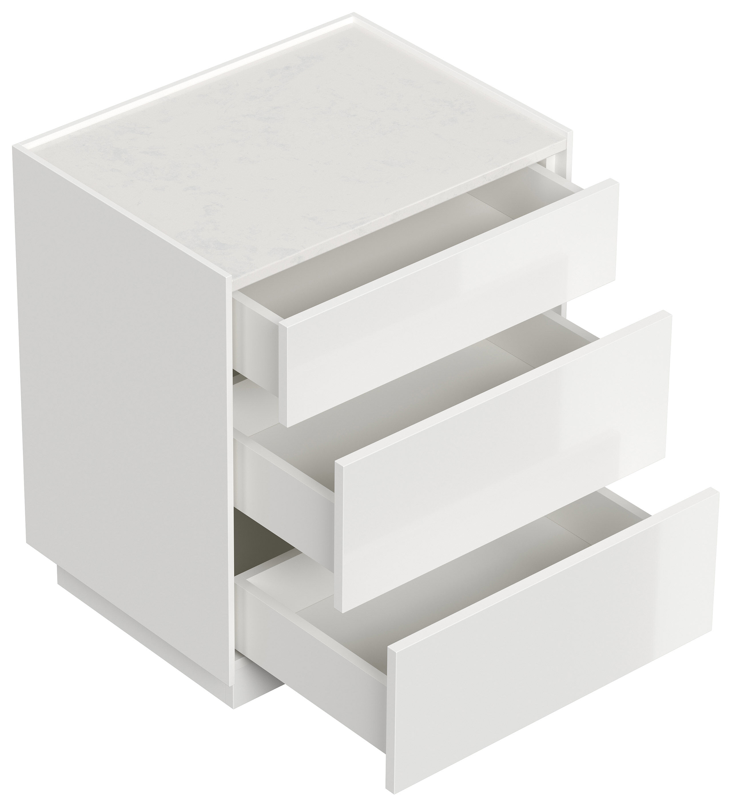 Design Nachttisch Kommode Lux L 60cm, Quarztop, 3 Pushauszüge lackiert Weiß Hgl