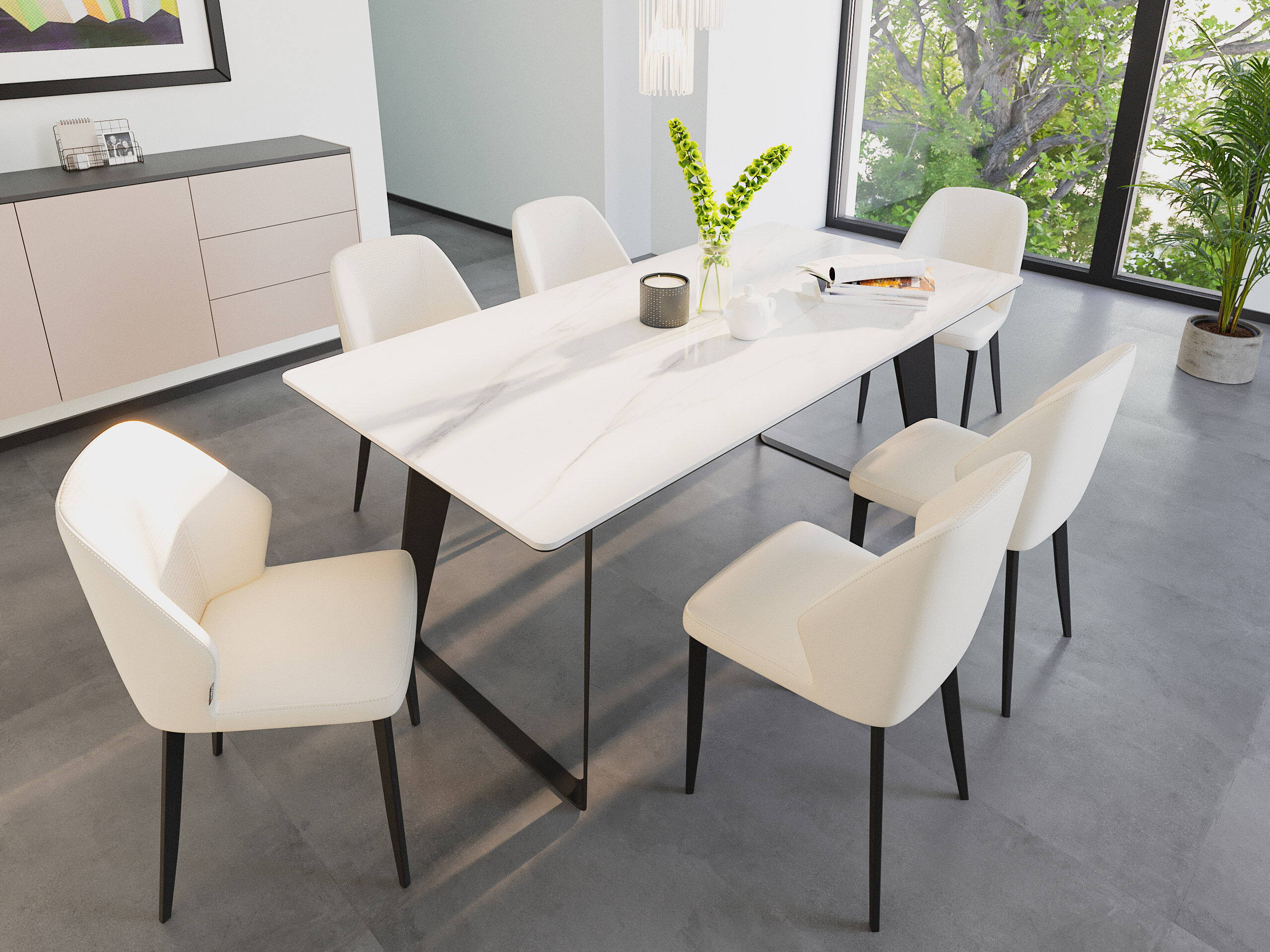 Esstisch Set FLORINT 180 schwarze Keramikplatte mit 6 Stühlen Kunstleder