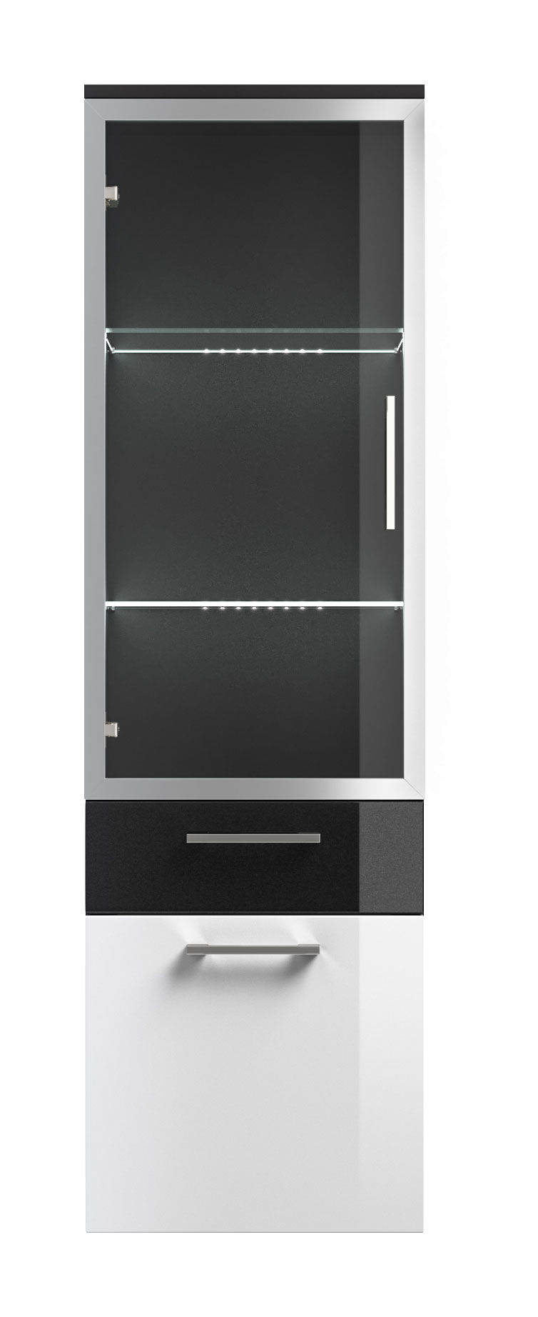 Hochschrank Rima 135 cm mit Glastür Weiss hochglanz/Grafit hochglanz