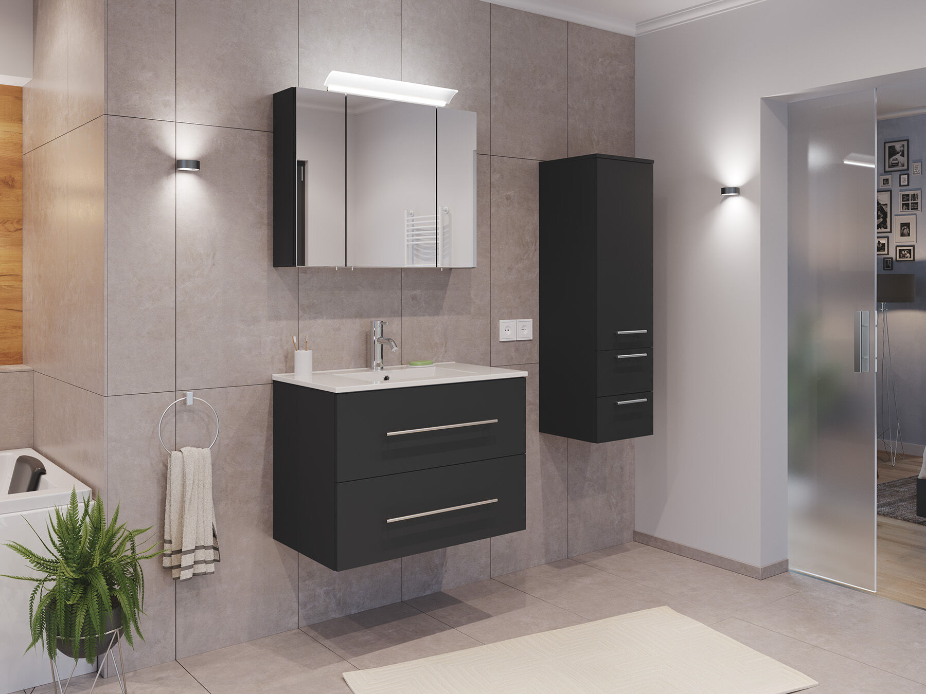 Badmöbel Set Firenze 80 3tlg. Spiegelschrank & Seitenschrank weiß hochglanz