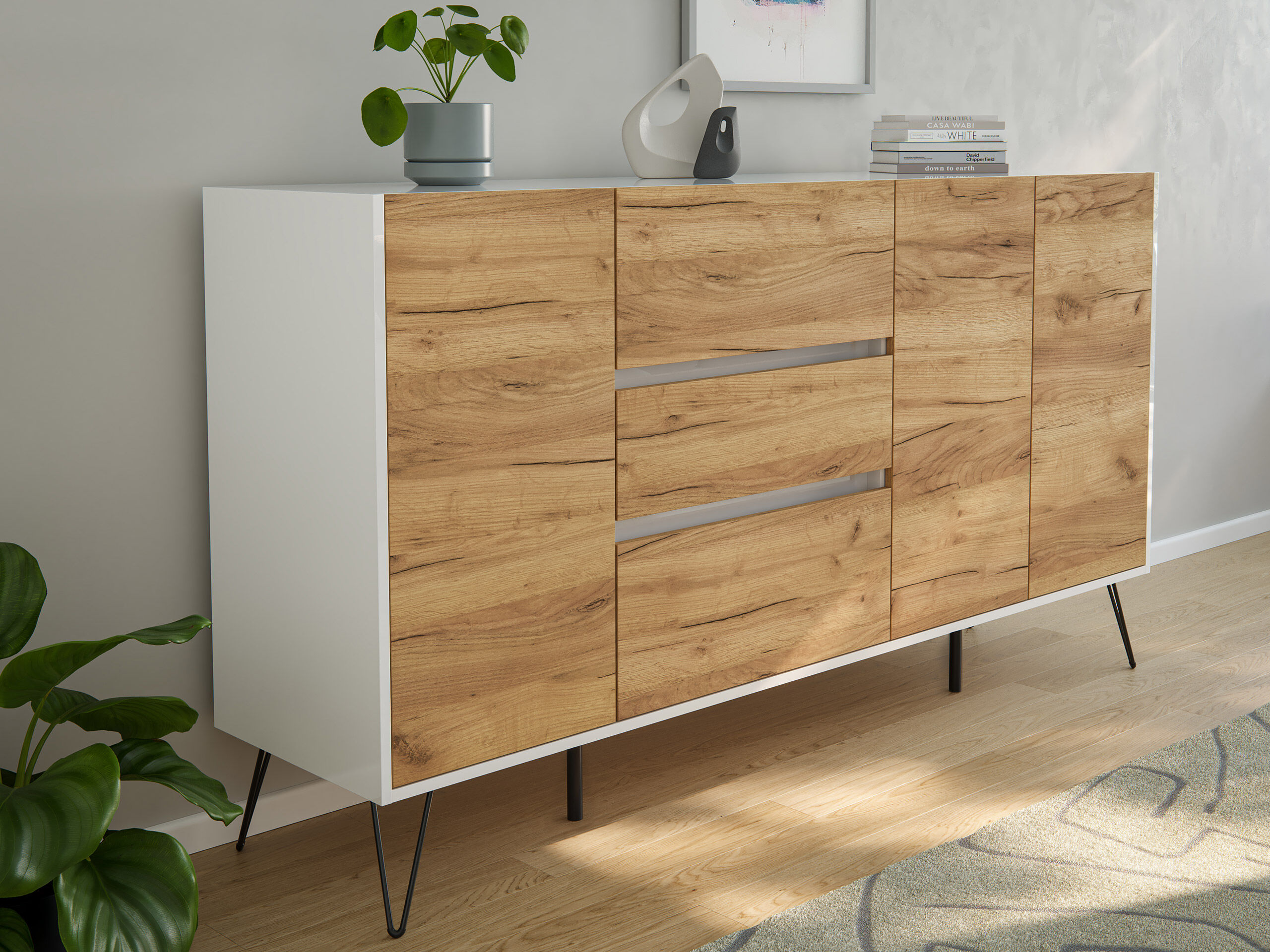 Design Sideboard Kommode Zuma 180cm Greifraum 3 SoftClose 3 Türen Weiß hochglanz