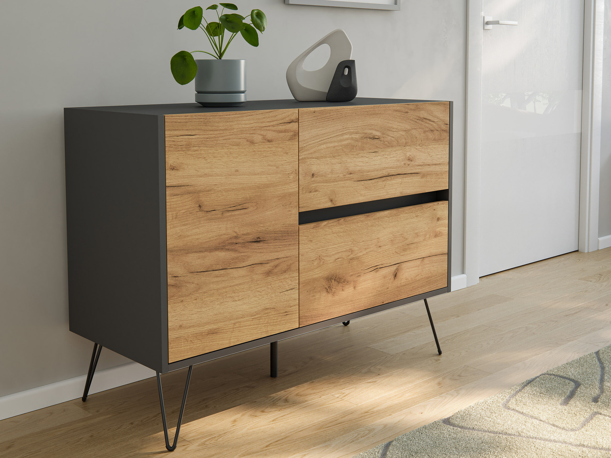 Sideboard Yako 100cm 2 SoftClose 1 Tür Grafit/Eiche Front