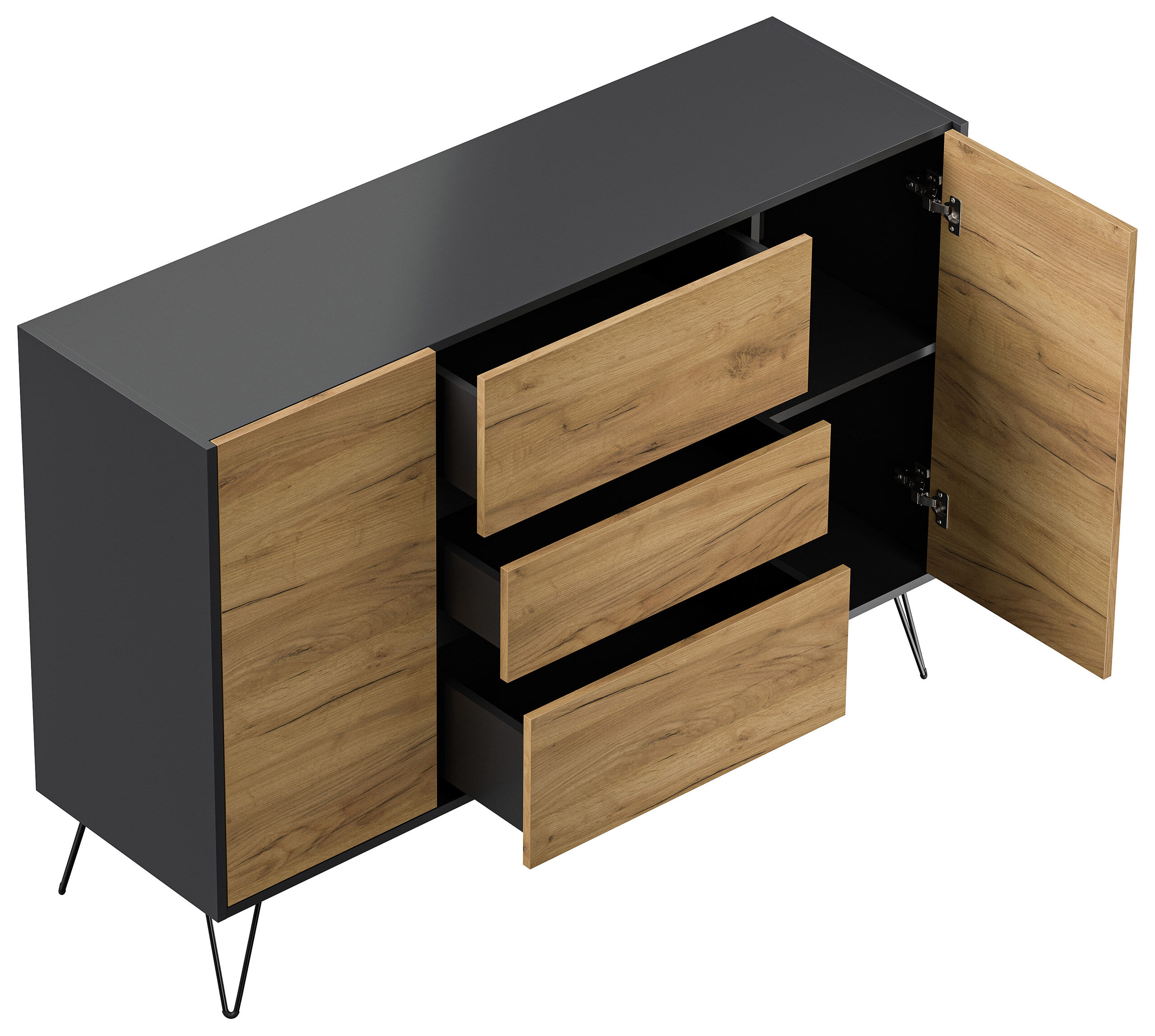 Sideboard Yako XL 140cm 3 SoftClose 2 Türen Grafit/Eiche Front
