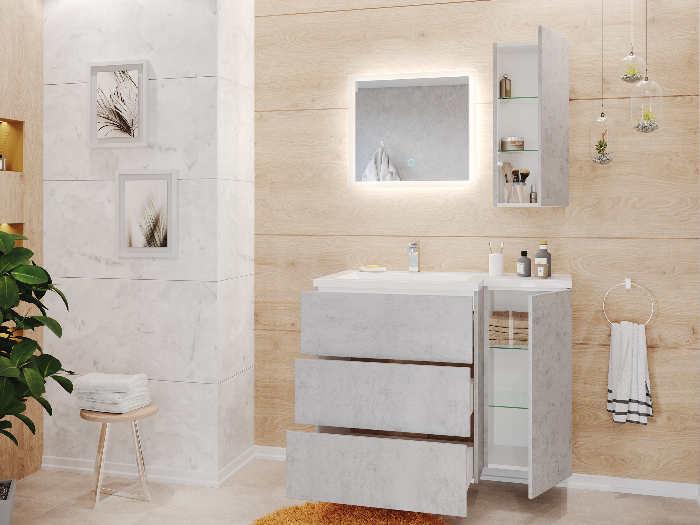 Badblock ELISA rechts 3er Set LED-Spiegel Hängeschrank anthrazit 