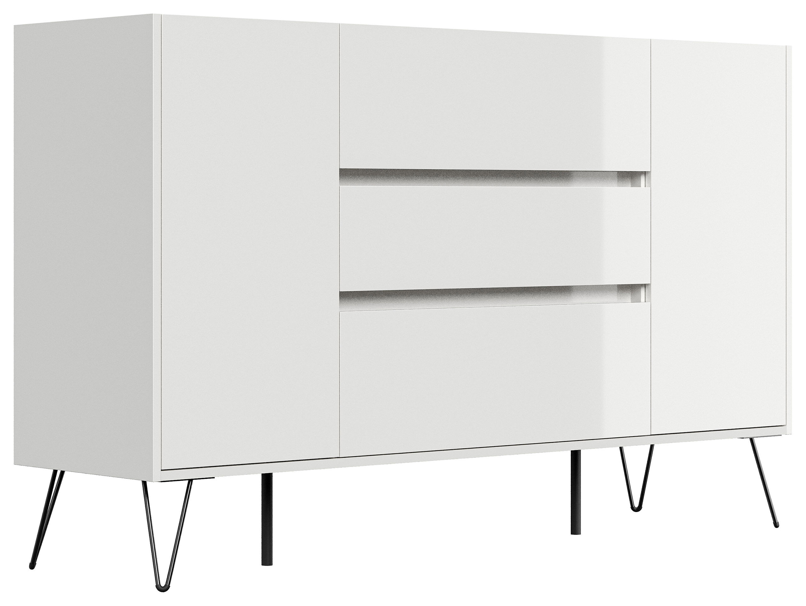 Sideboard Kommode Lovo 155cm Greifraum 3 SoftClose 2 Türen Weiß/Eiche Front