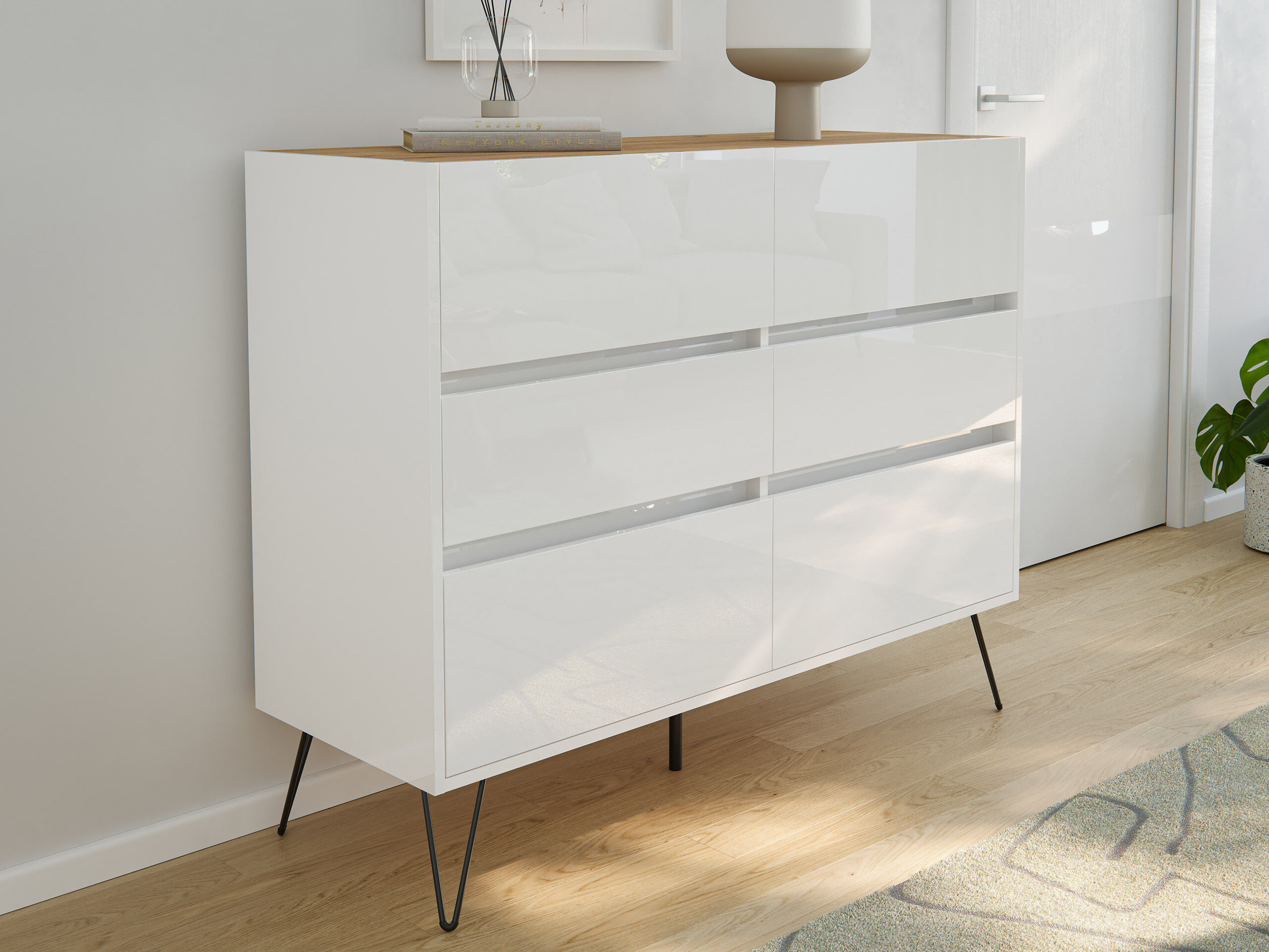 Sideboard Kommode Volo 120cm Greifraum 6 SoftClose Schubladen Weiß/Eiche Top