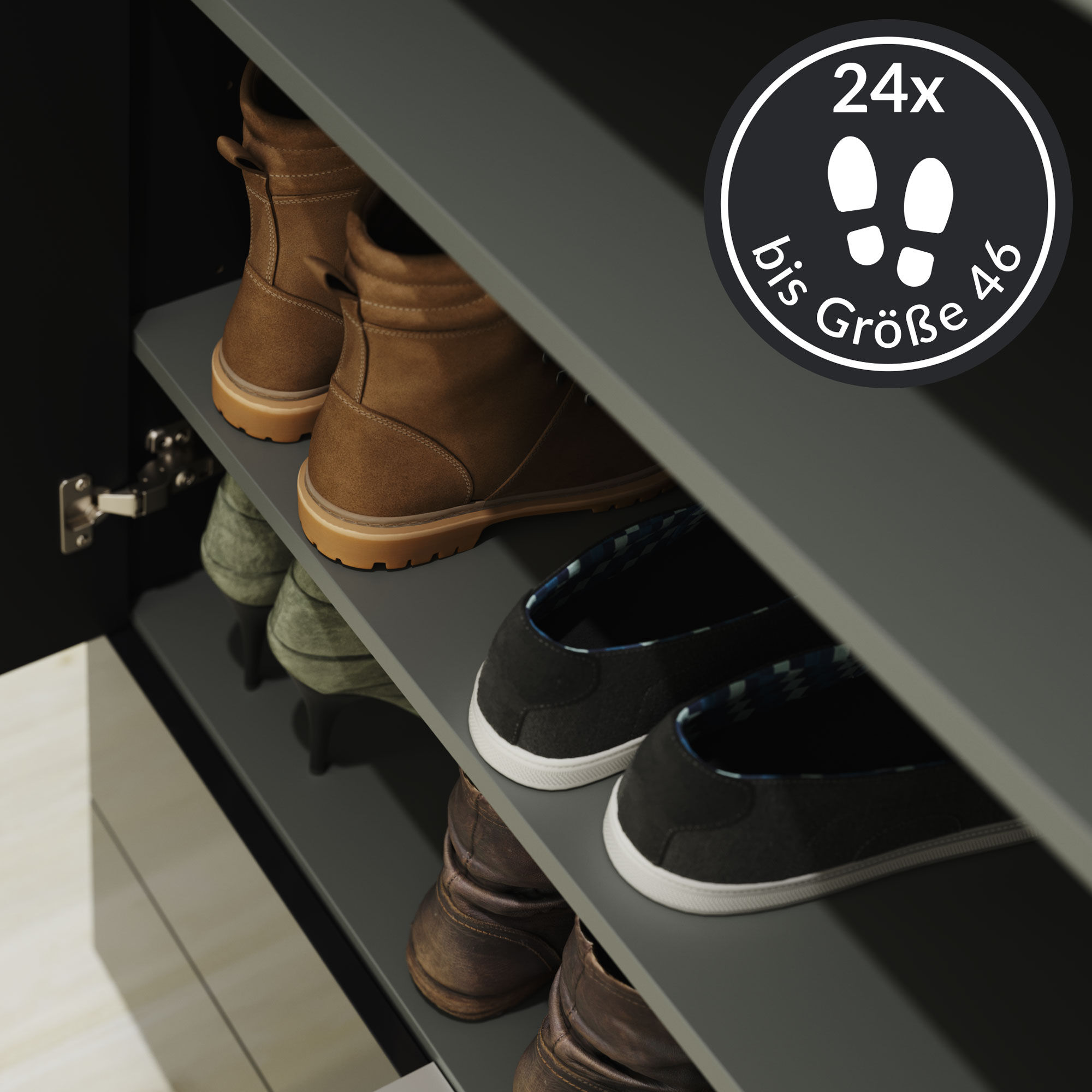 Schuhschrank Castello-M Spiegeltür 2 Softeinzüge 24 Paar lackiert Grafit Hgl