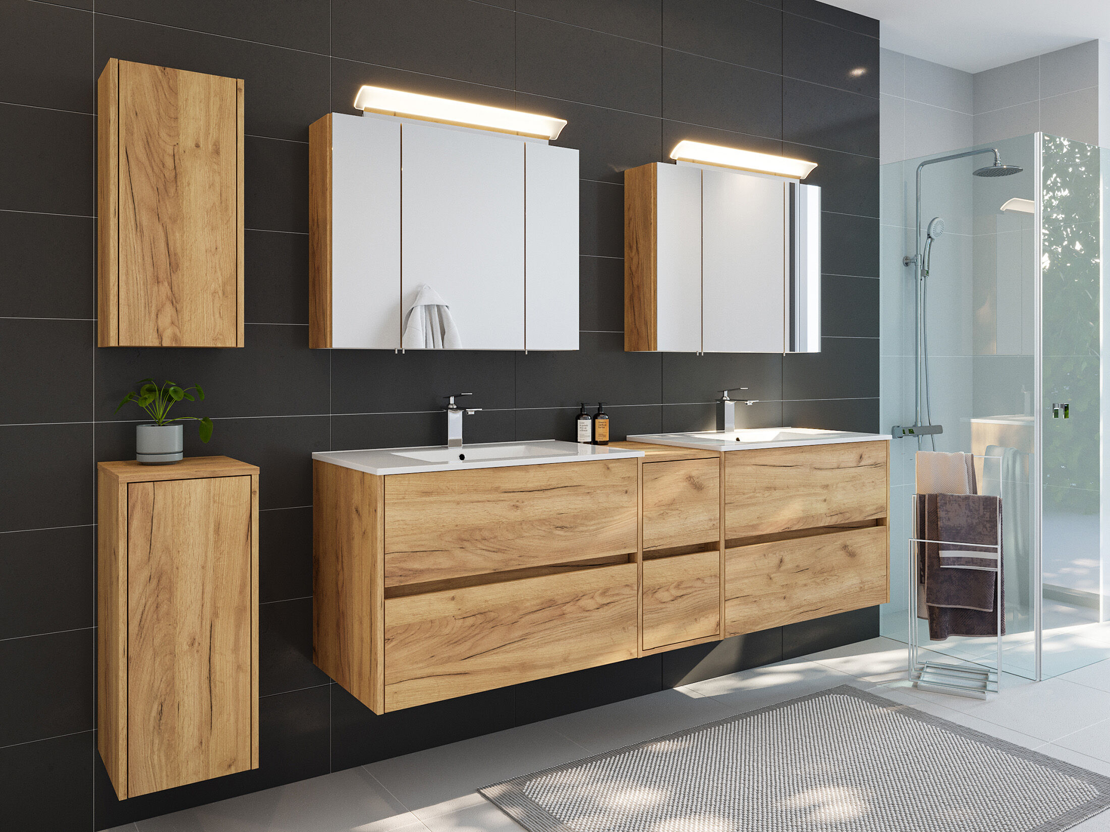 Badmöbelset Taifun 190cm 5tlg mit 2x Spiegelschrank & 2x Badschrank eiche gold