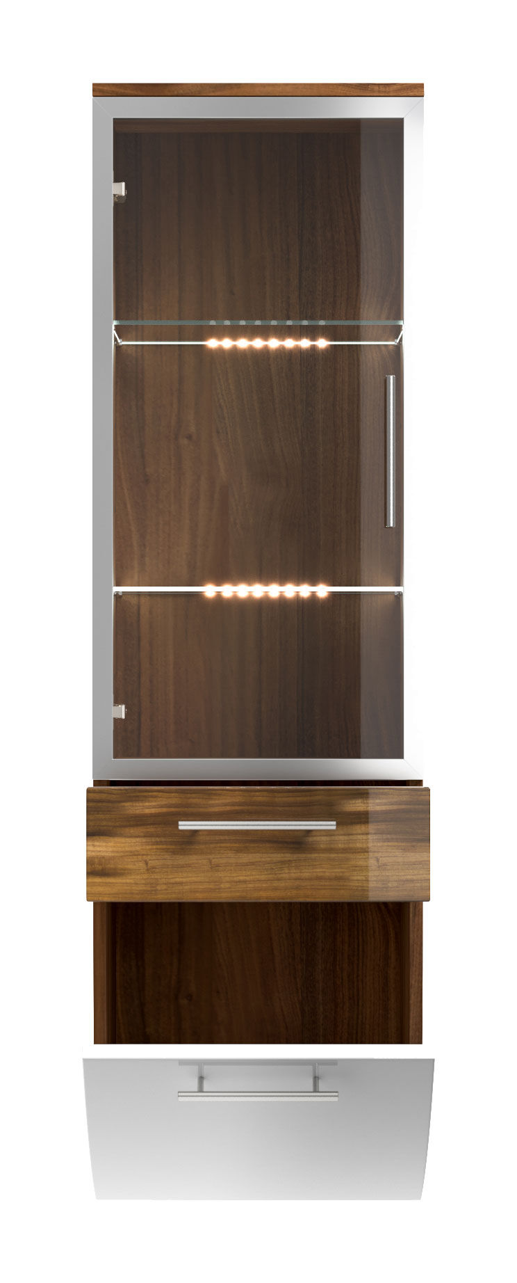 Hochschrank Salona 135 cm mit Glastür Weiss hochglanz/Walnuss hochglanz