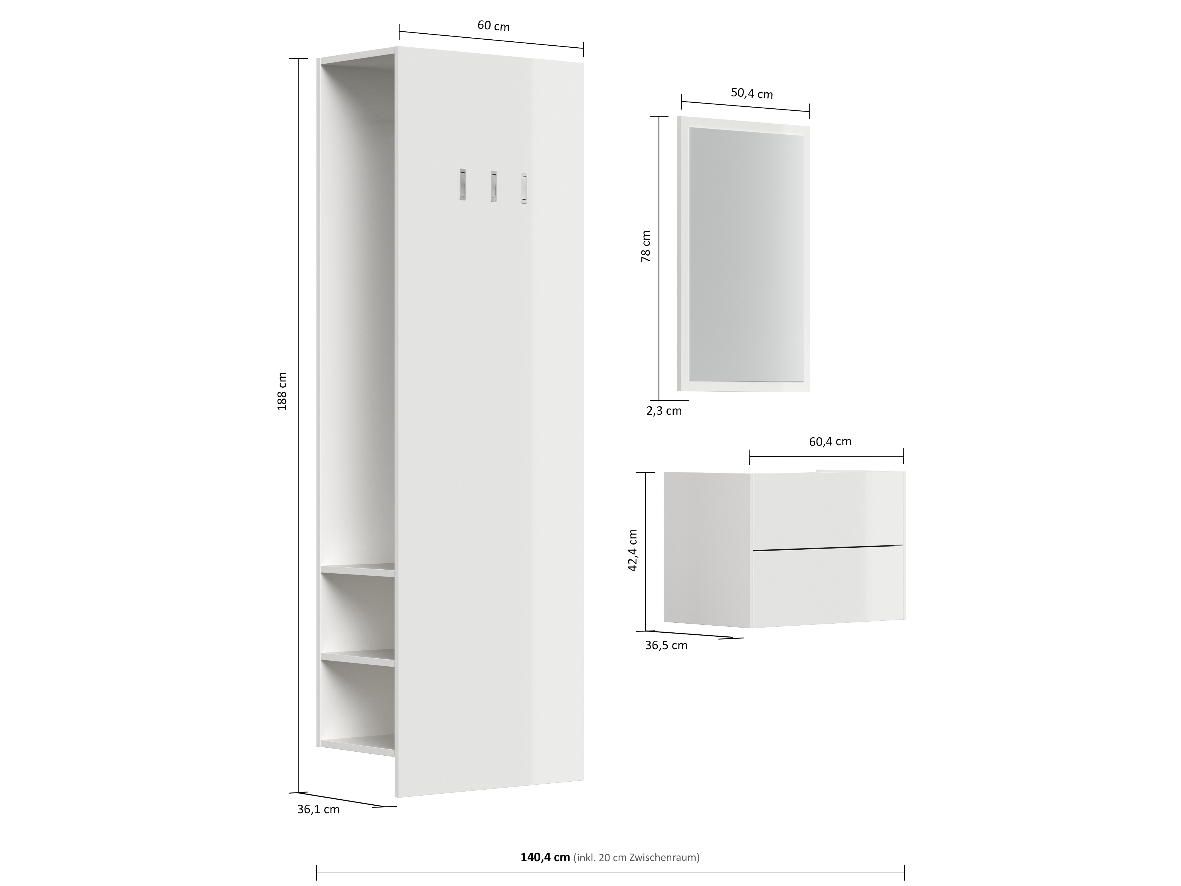 Garderobe Blu-S 3 tlg Konsole Push-to-open Spiegel Paneel 6 Paar Sand