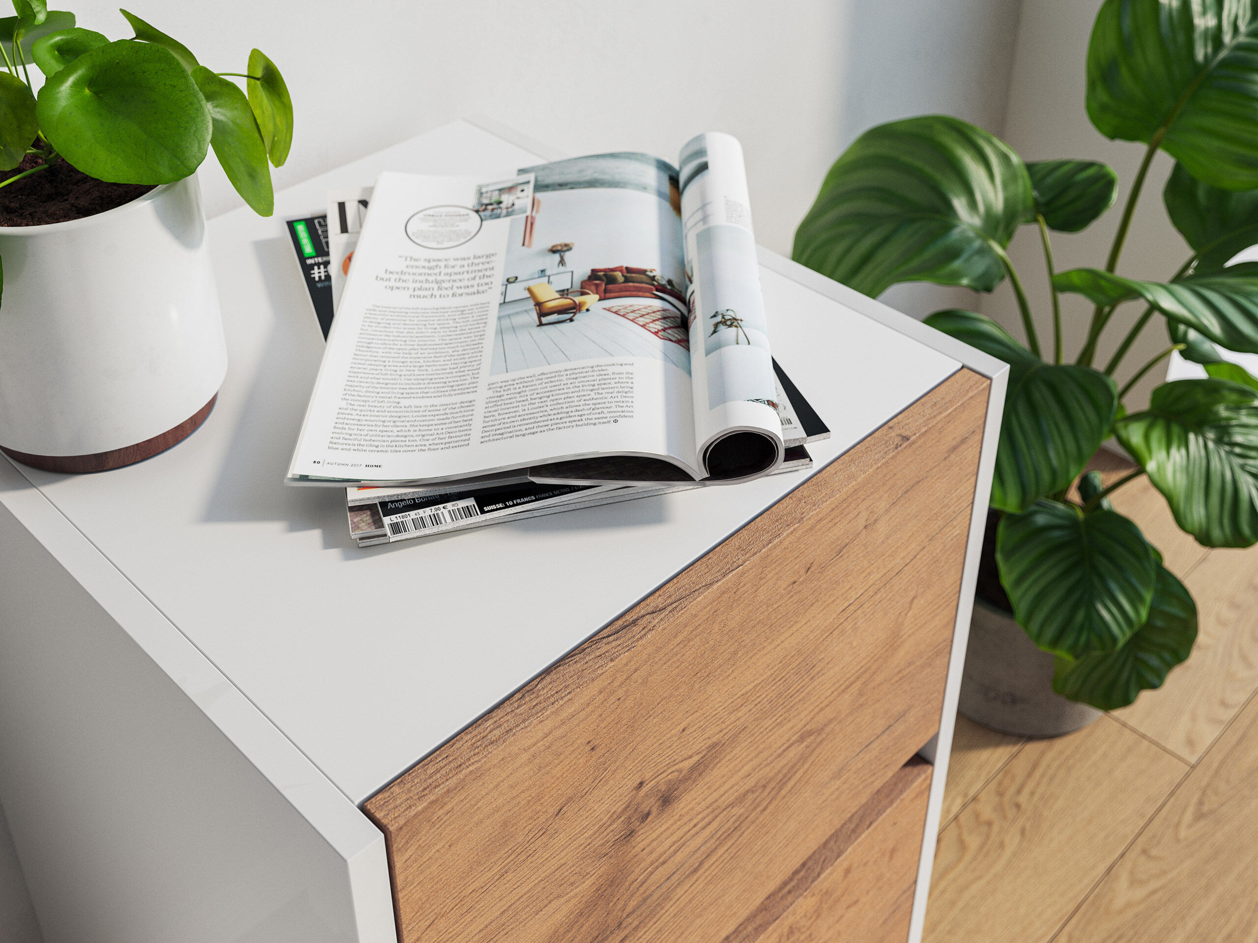 Nachttisch Yako 40cm 2 SoftClose stehend Weiß & Eiche Top