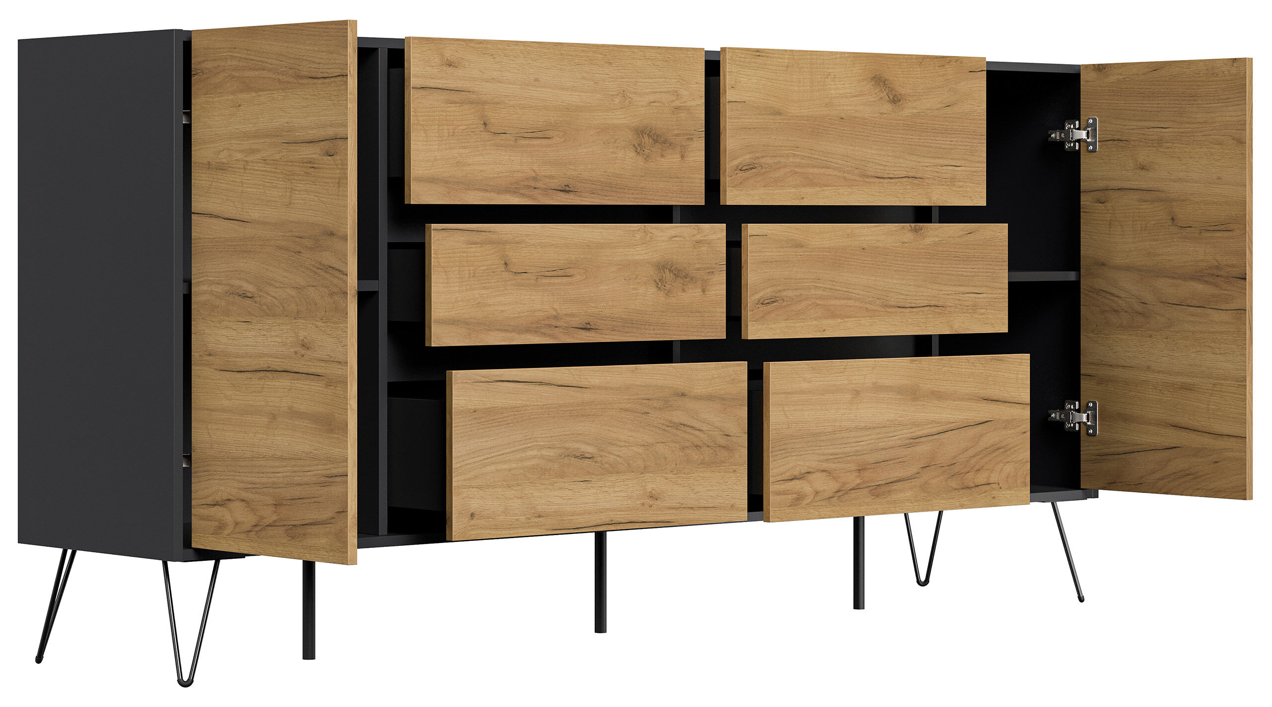 Sideboard Kommode Yako 200cm Greifraum 6 SoftClose 2 Türen Grafit/Eiche Front