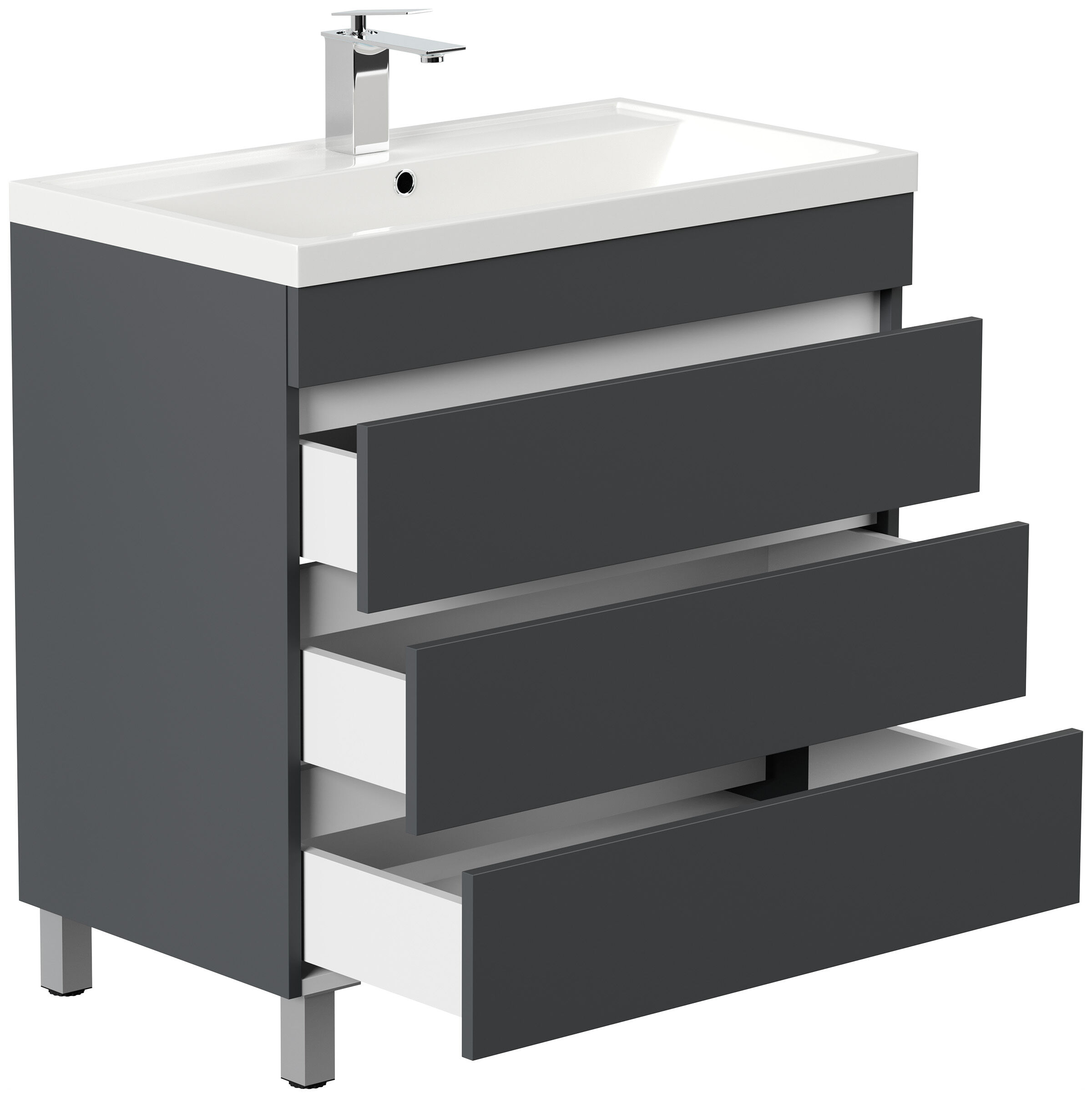 Stand Badmöbel Via 80 SoftClose weiss hochglanz mit drei grifflosen Schubladen