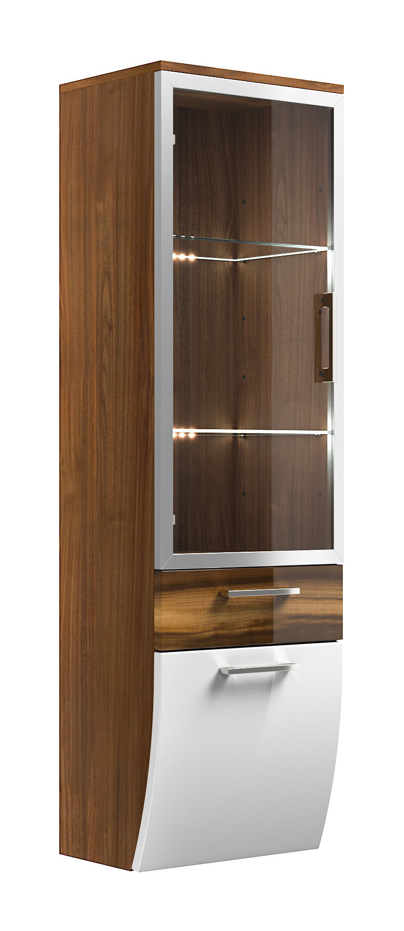 Hochschrank Rima 135 cm mit Glastür rund Weiss hochglanz/Walnuss hochglanz