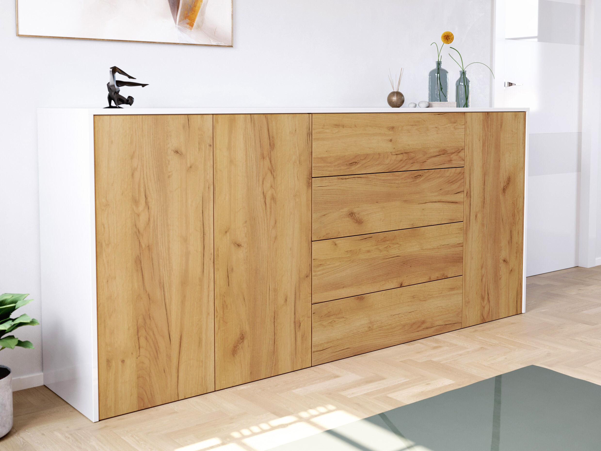 Sideboard Impulse 200cm 3 Türen 4 Pushauszüg Weiß Hgl Eiche | Weiss hochglanz / Eiche Gold