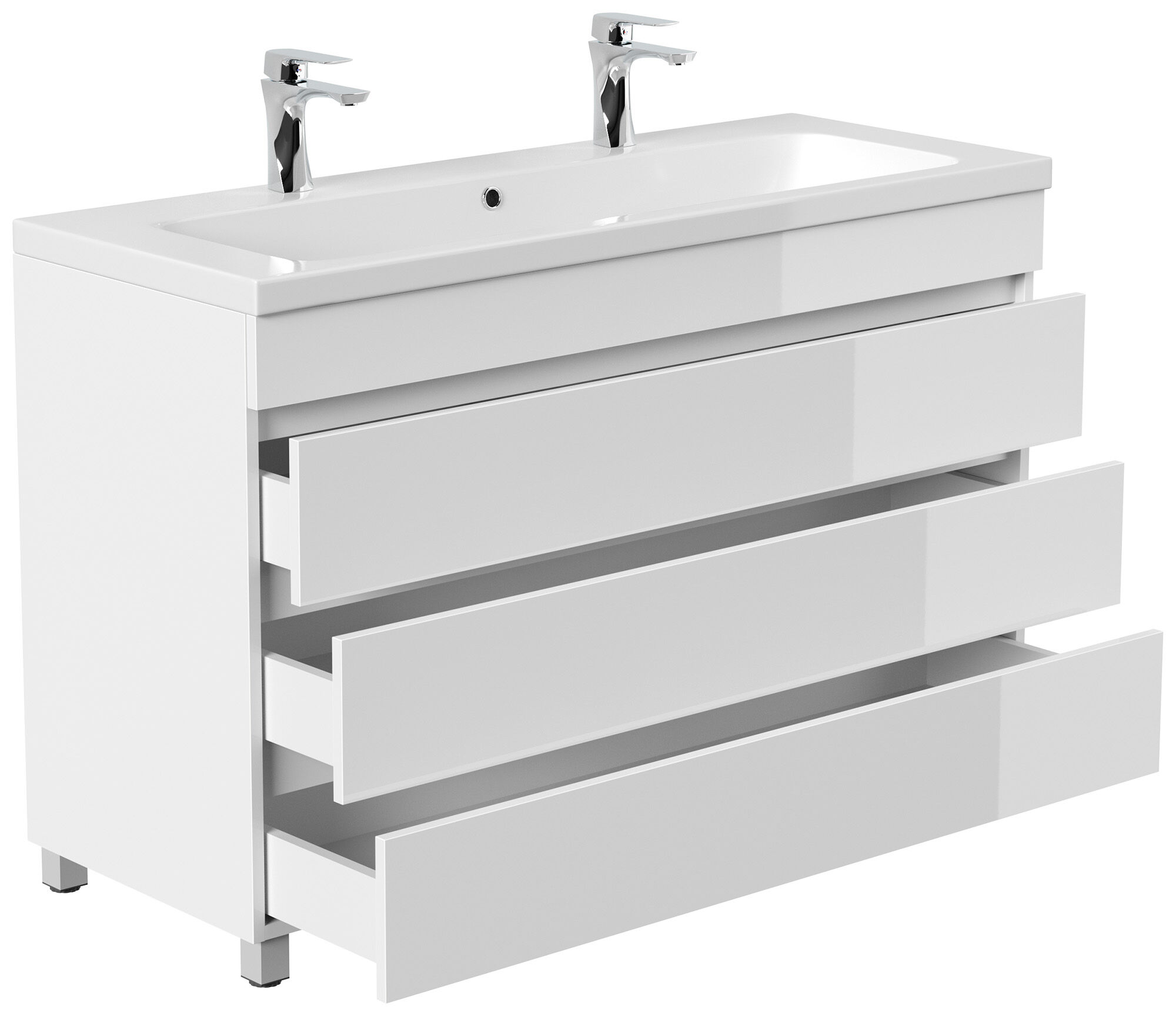 Stand Doppel Badmöbel Via 120 weiss hochglanz mit 3 grifflosen Schubladen