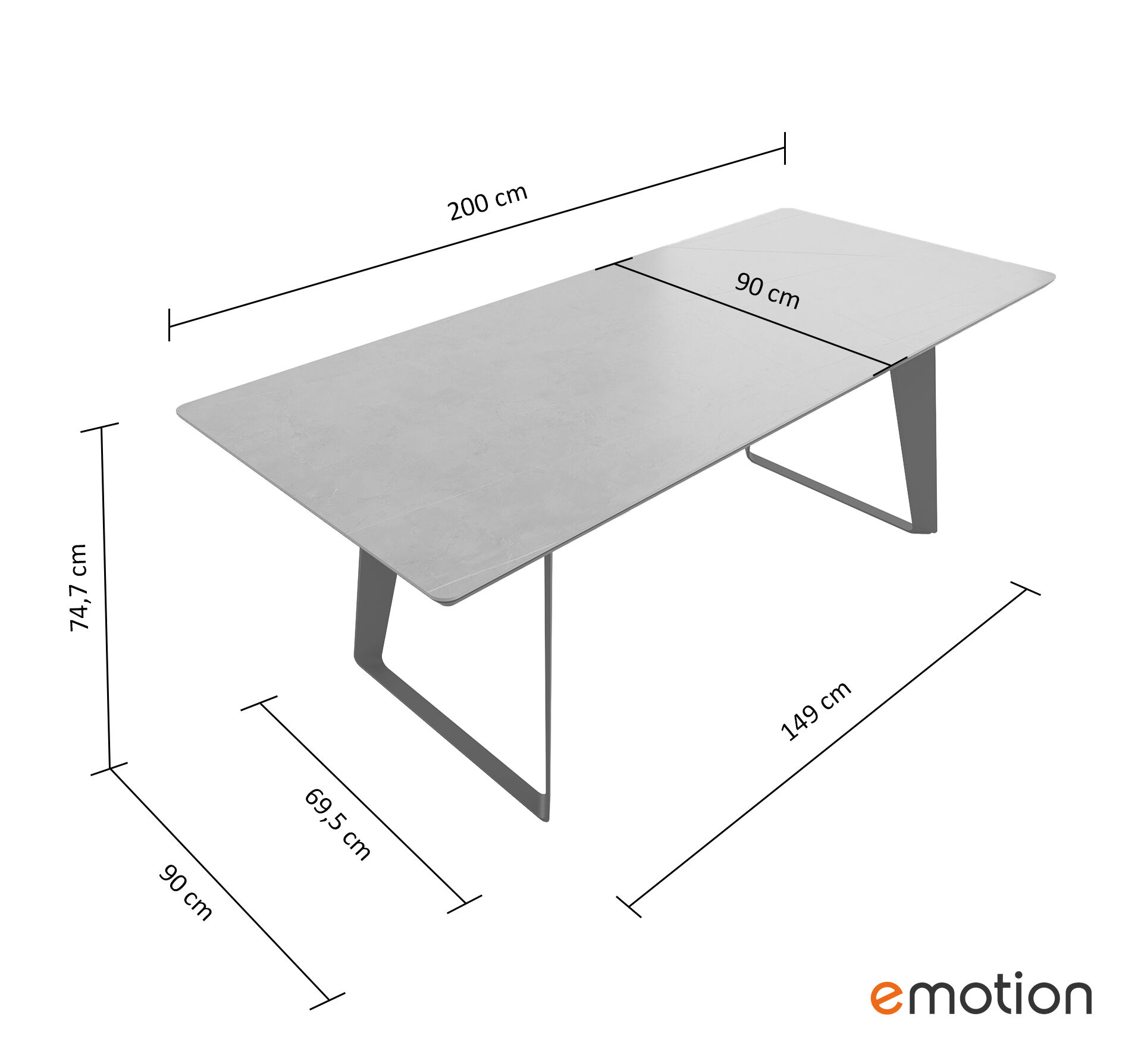 Esszimmertisch FLORINT 200x90cm weiße Keramikplatte schwarze Design-Tischkufen