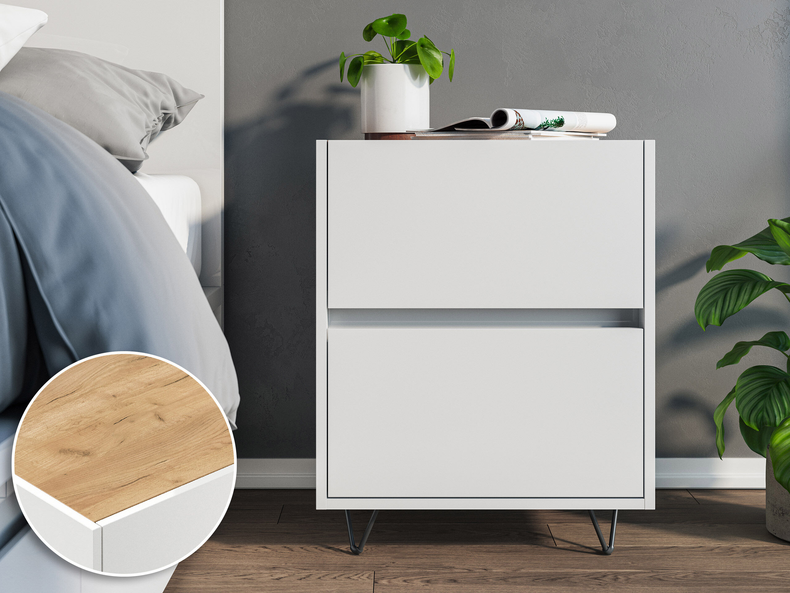 Nachttisch Yako 50cm 2 SoftClose stehend Weiß & Eiche Front