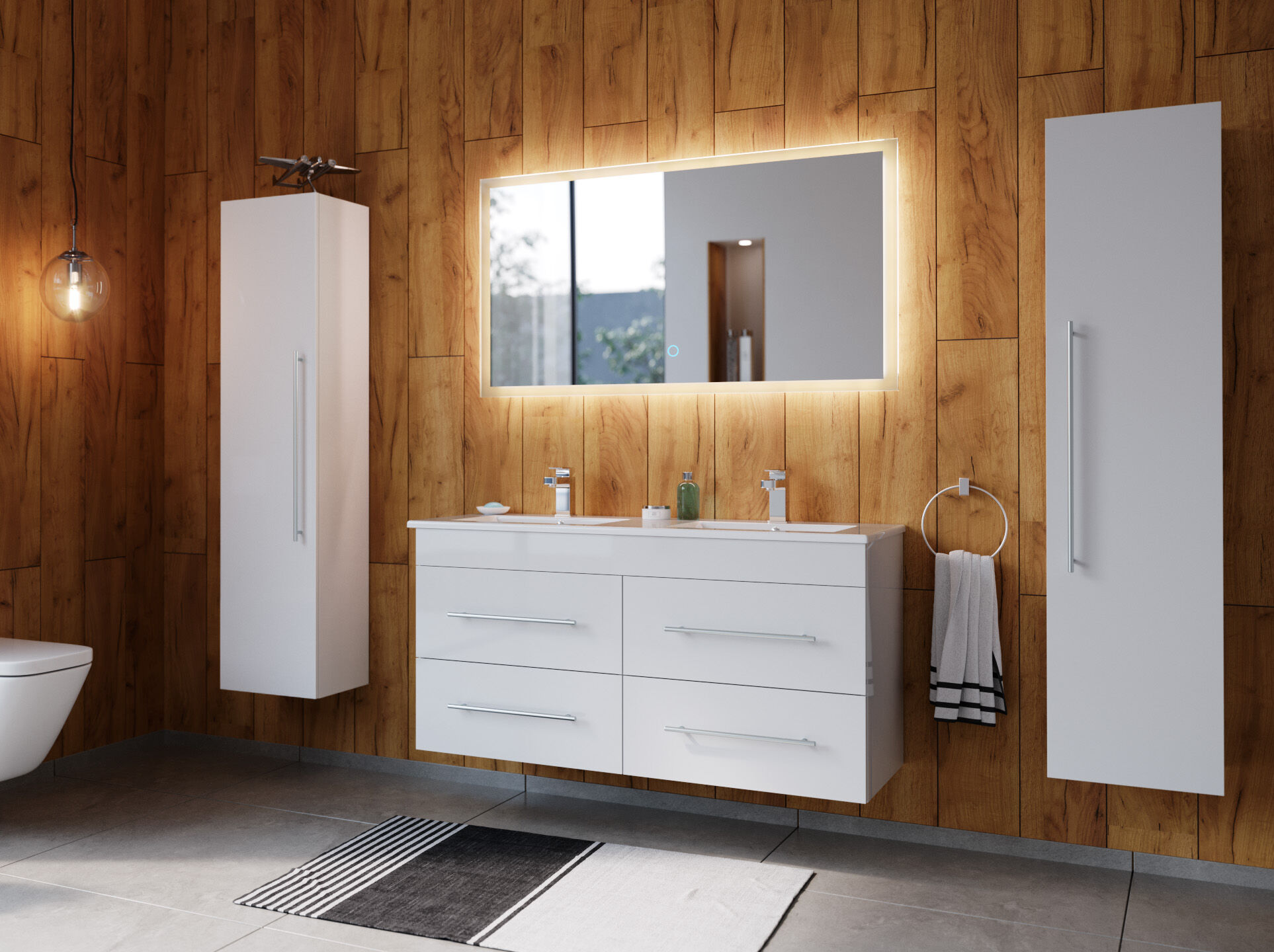 Badmöbelset Helios 4-teilig LED Spiegel 2x Hochschrank weisshochglanz