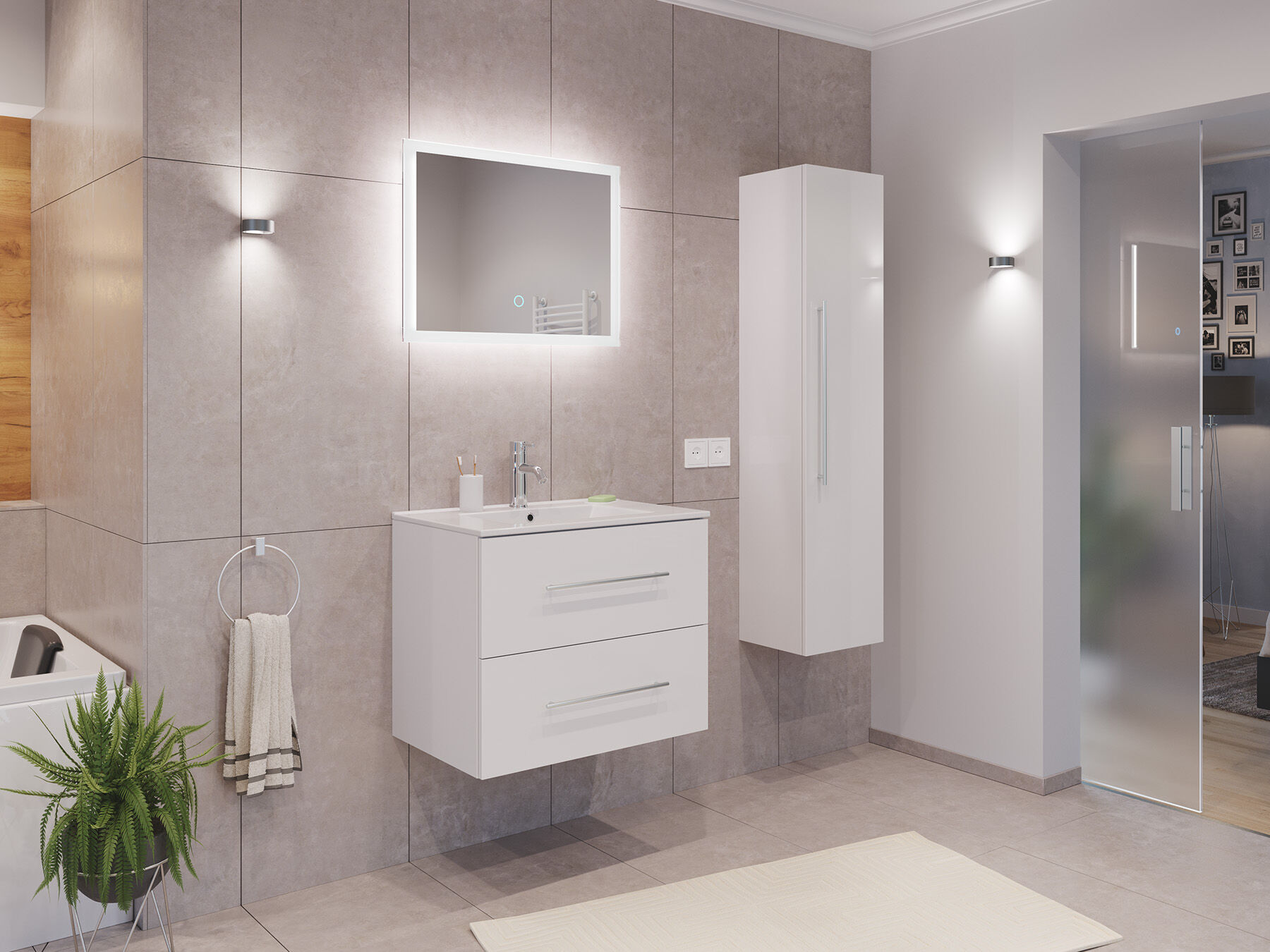 Badmöbel Set Firenze 70 3tlg. LED Spiegel und Hochschrank weiß hochglanz