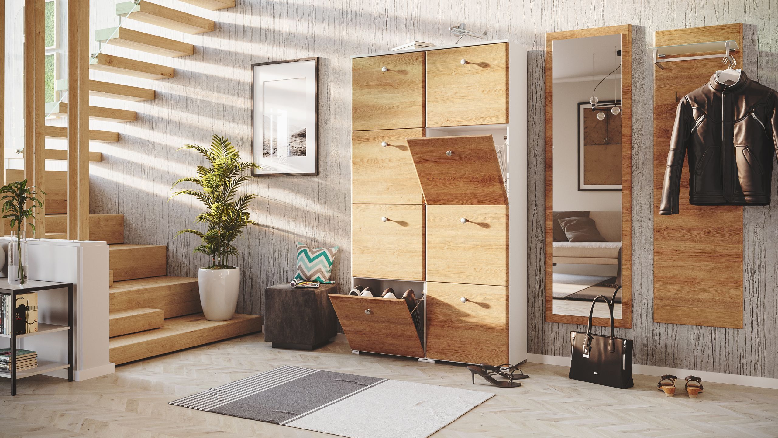 Garderobe Set 107 Wasco 3 tlg Schuhschrank 8 Klappen 32 Paar Weiss-Eiche