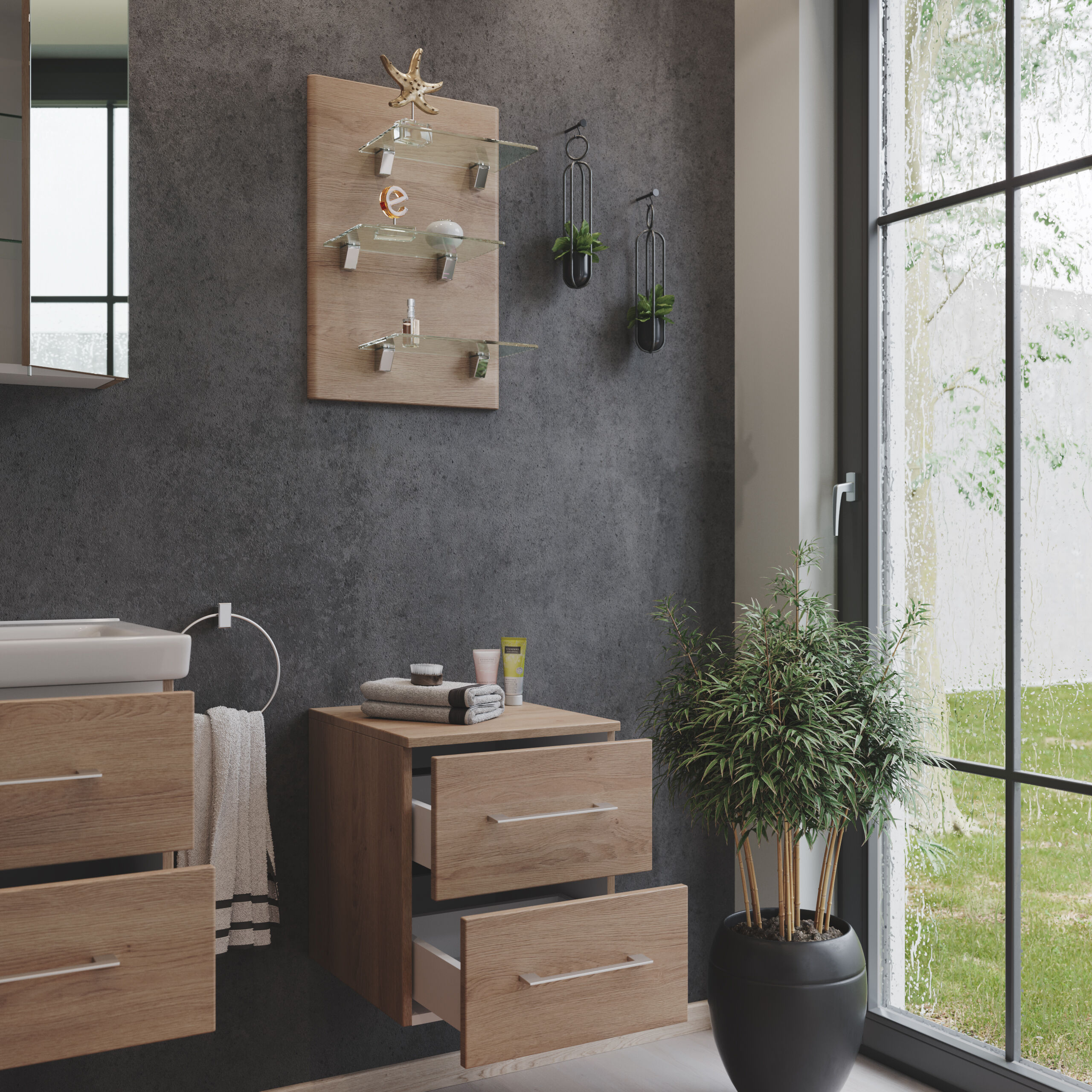 Kombi: Seitenschrank Cube, Regal-Panel 3 Glasböden eiche hell