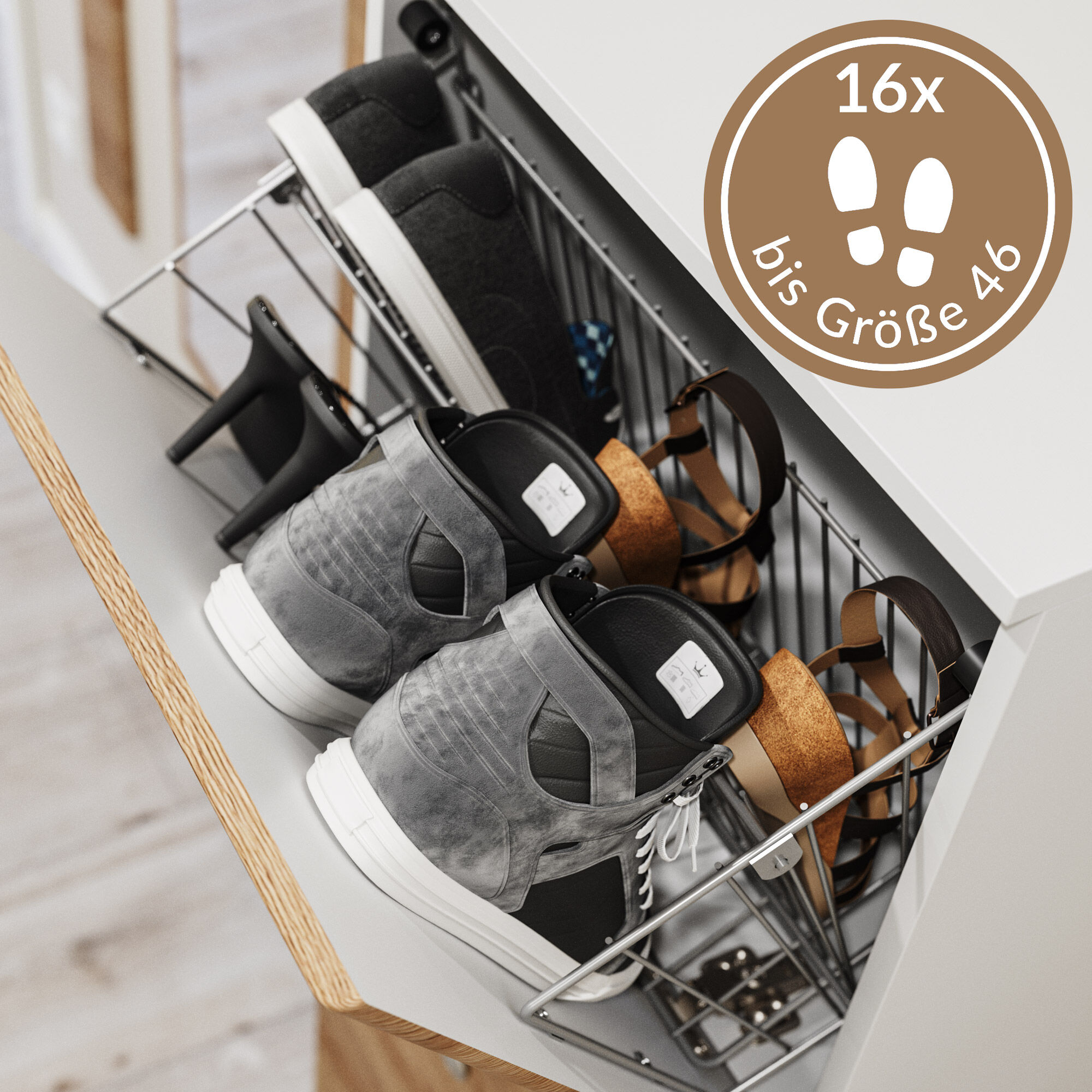 Garderobe Set 004 Boston 4 tlg Schuhschrank 4 Klappen 16 Paar Weiss-Eiche