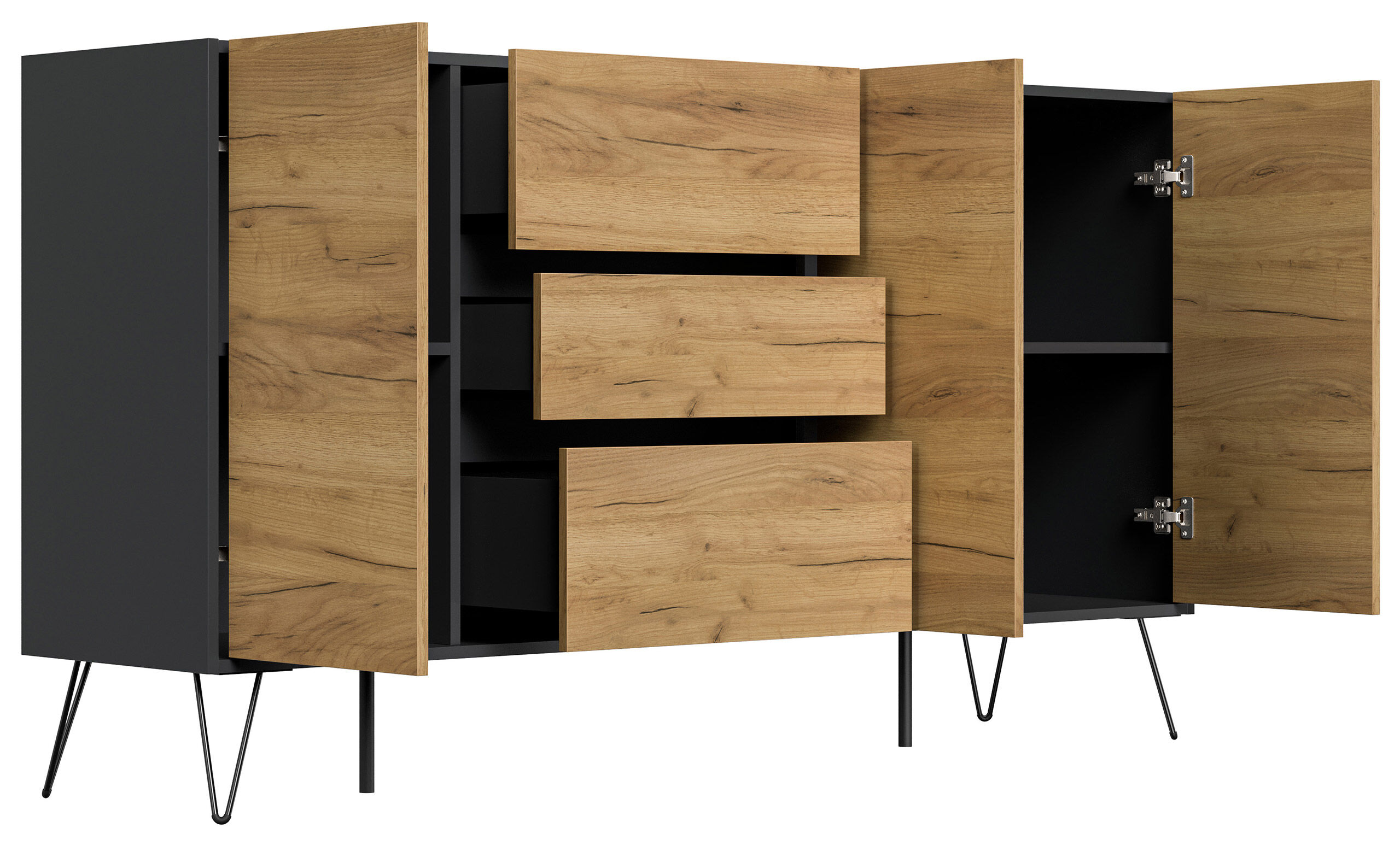 Sideboard Kommode Zuma 180cm Greifraum 3 SoftClose 3 Türen Grafit/Eiche Front