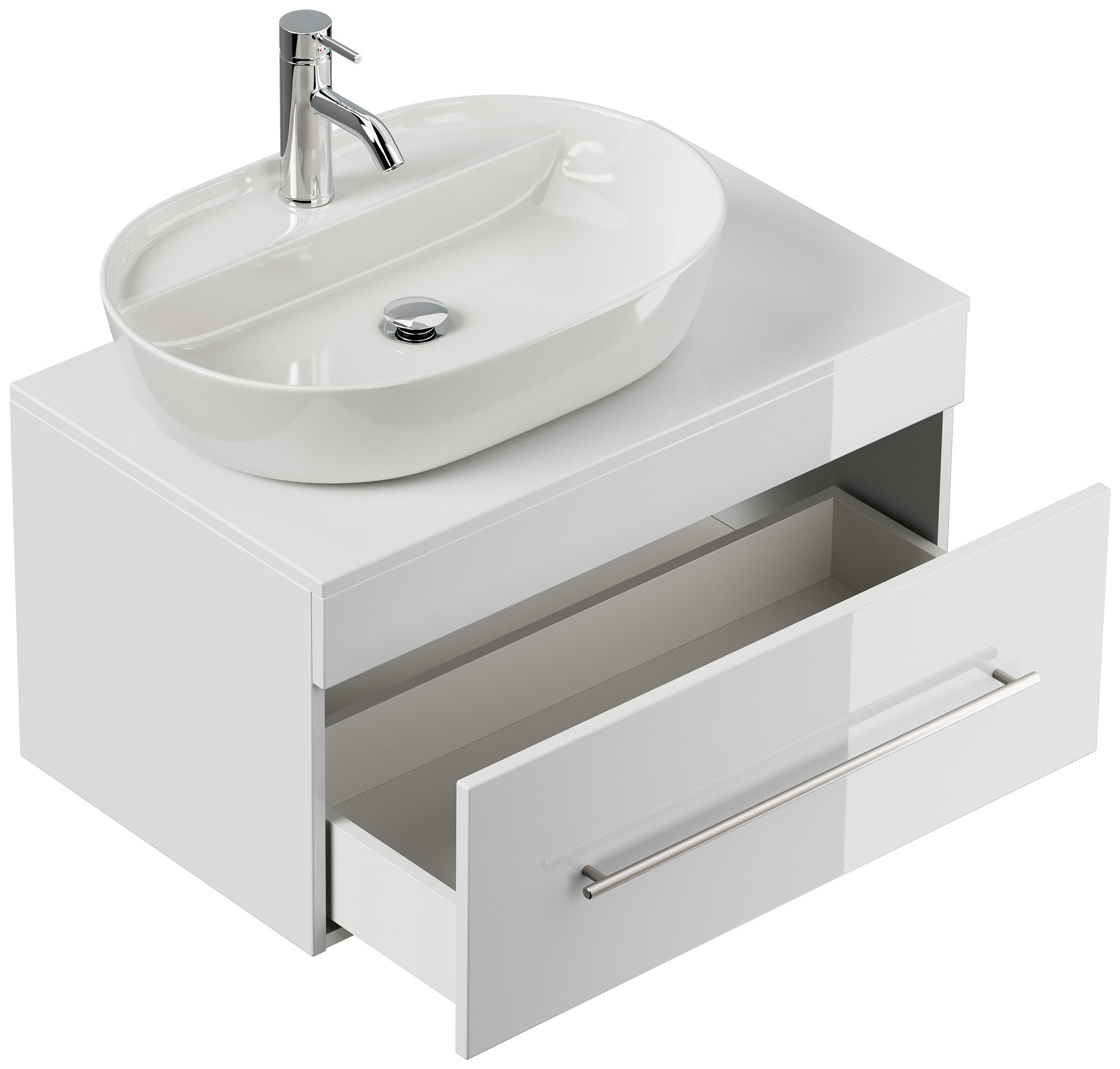 Badmöbel PEGASUS 80cm mit Design Aufsatzwaschbecken weiss hochglanz