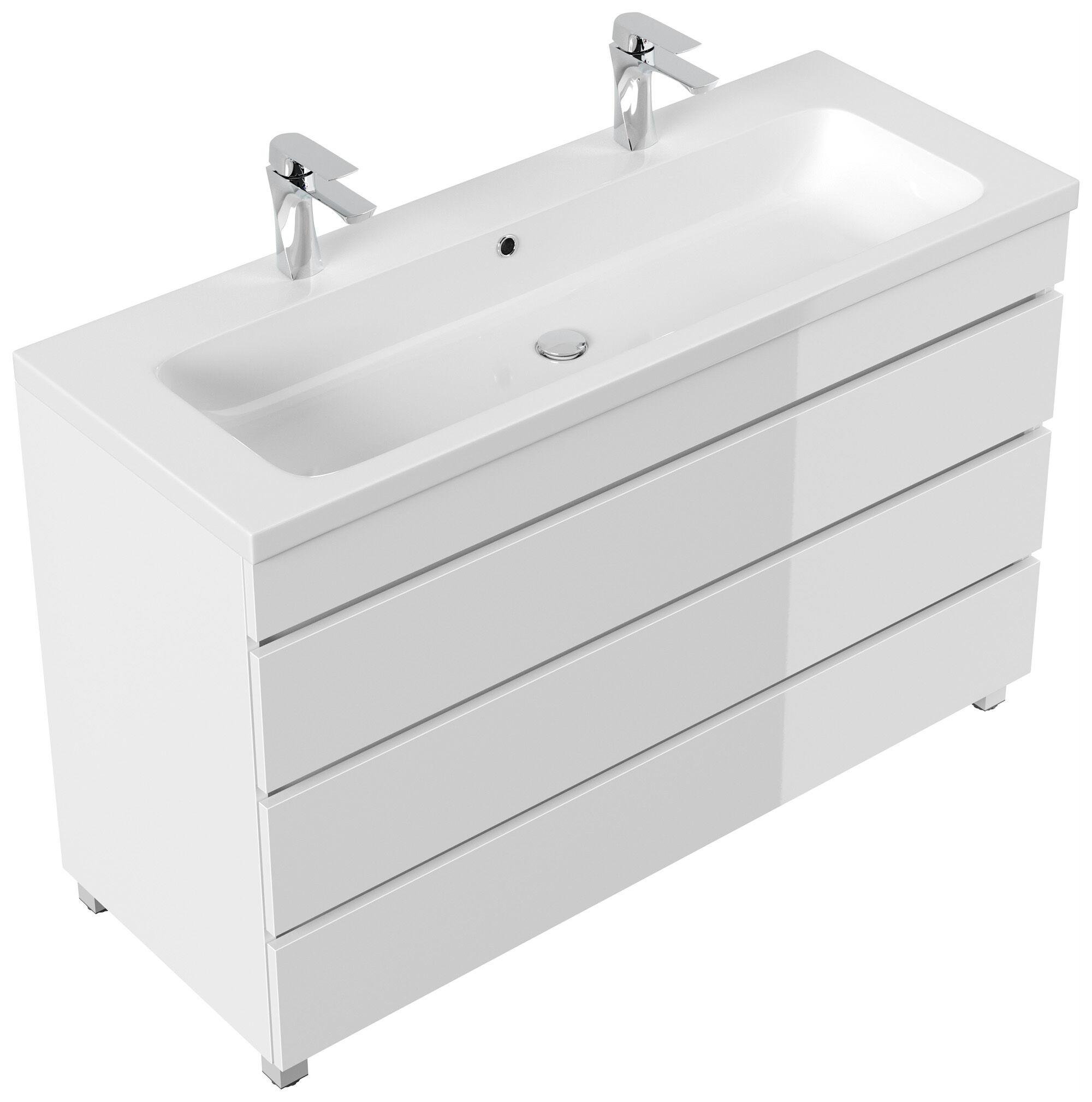 Stand Doppel Badmöbel Via 120 weiss hochglanz mit 3 grifflosen Schubladen