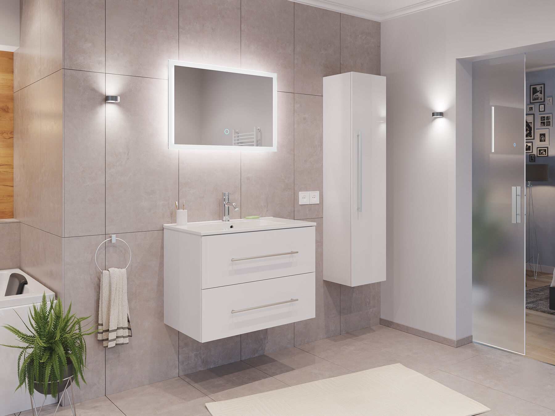 Badmöbel Set Firenze 80 3tlg. LED Spiegel und Hochschrank weiß hochglanz