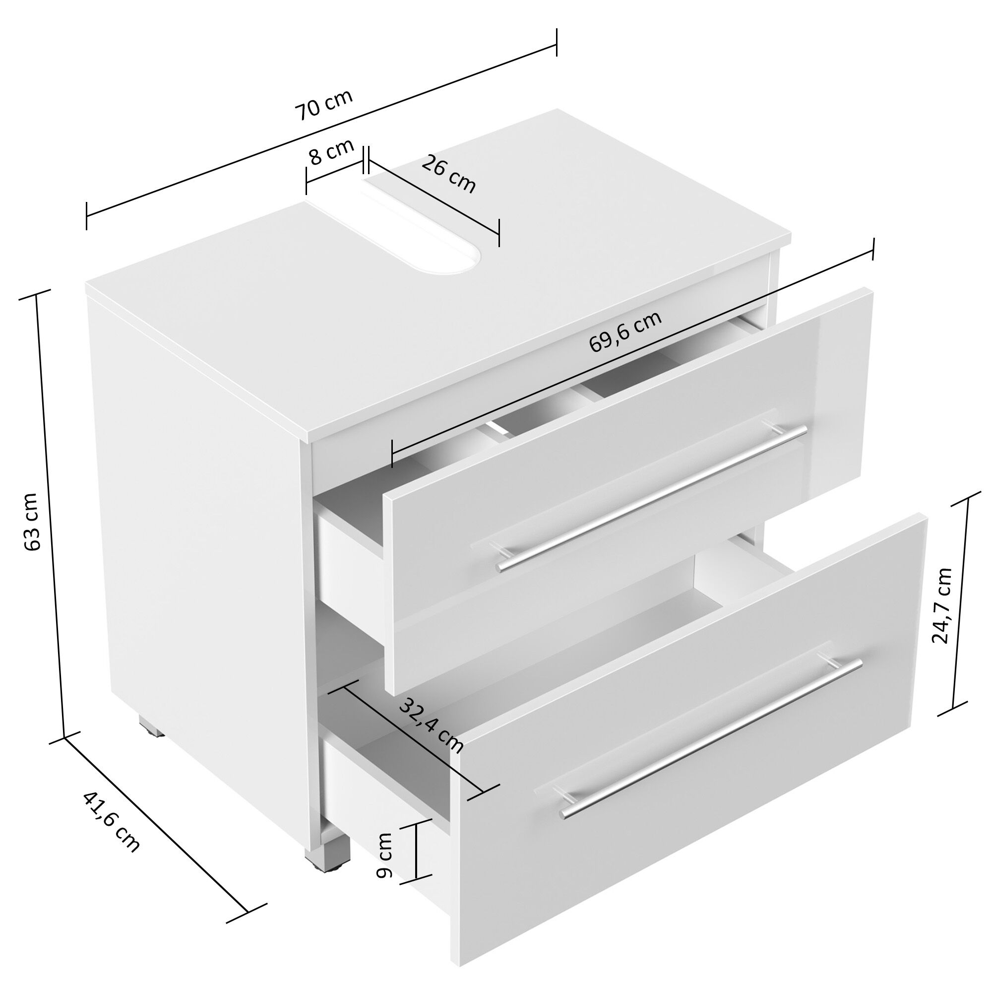 Universal Unterbau auf Standfüßen 70 cm SoftClose weiss hochglanz
