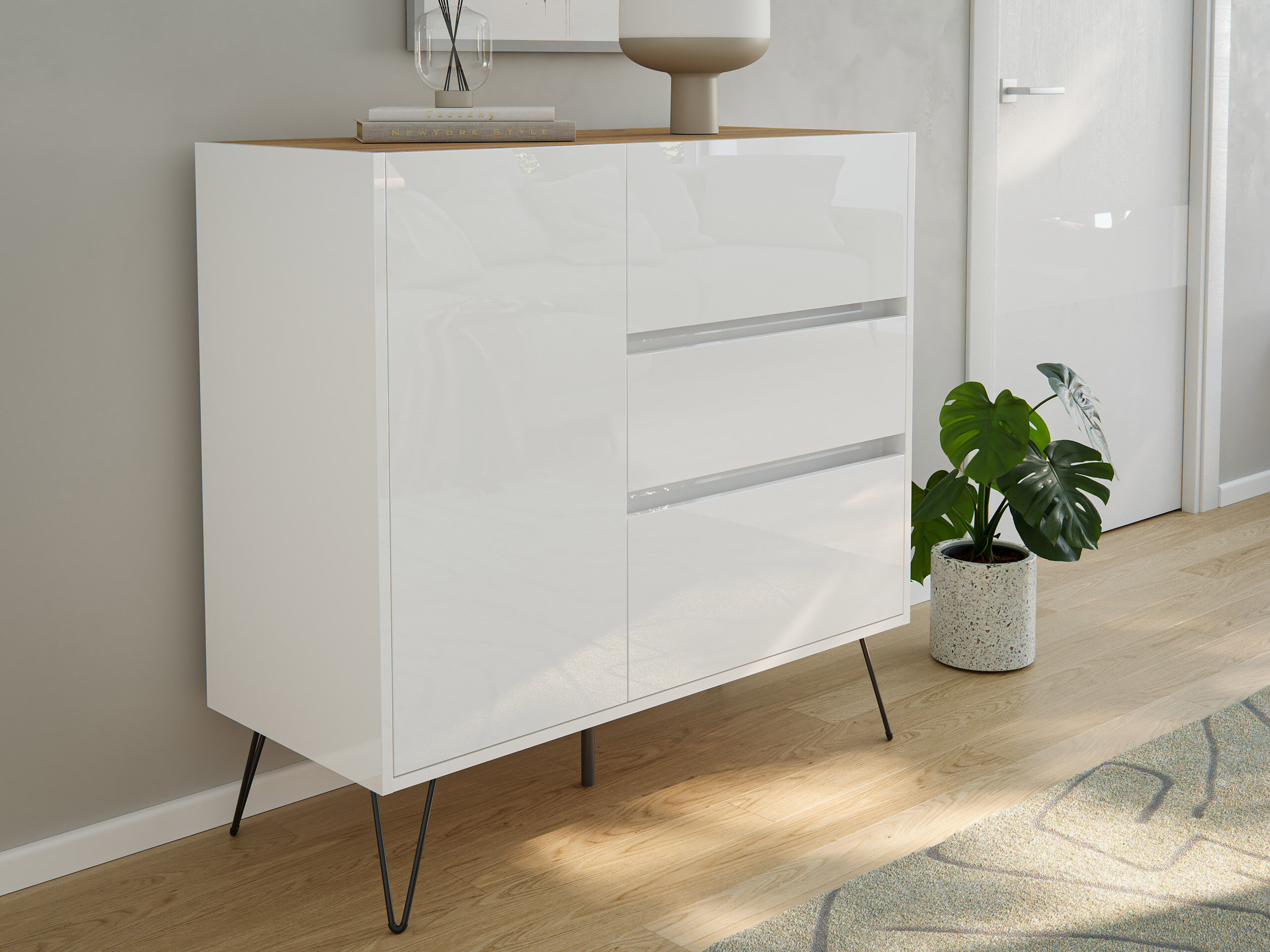 Design Sideboard Kommode Altan 100cm Greifraum 3 SoftClose 1 Tür Weiß/Eiche Top