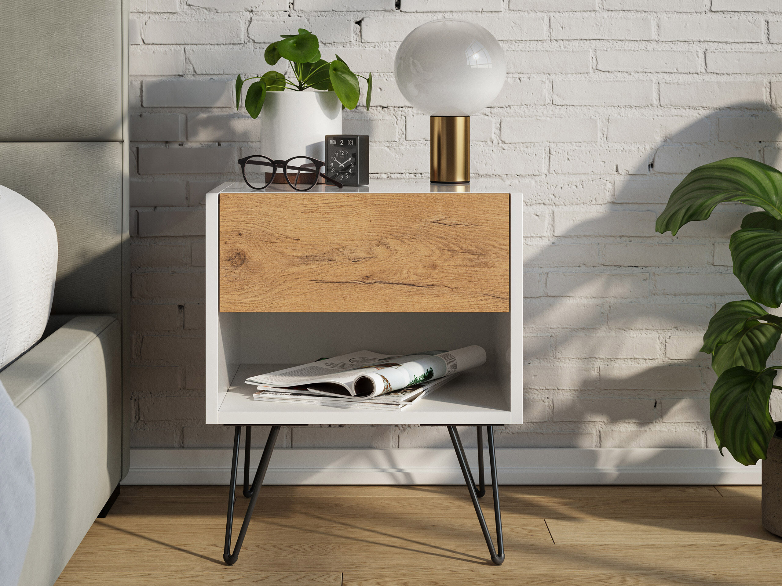 2er Set Nachttisch Kommode Dion 40cm SoftClose stehend Weiß & Eiche Front