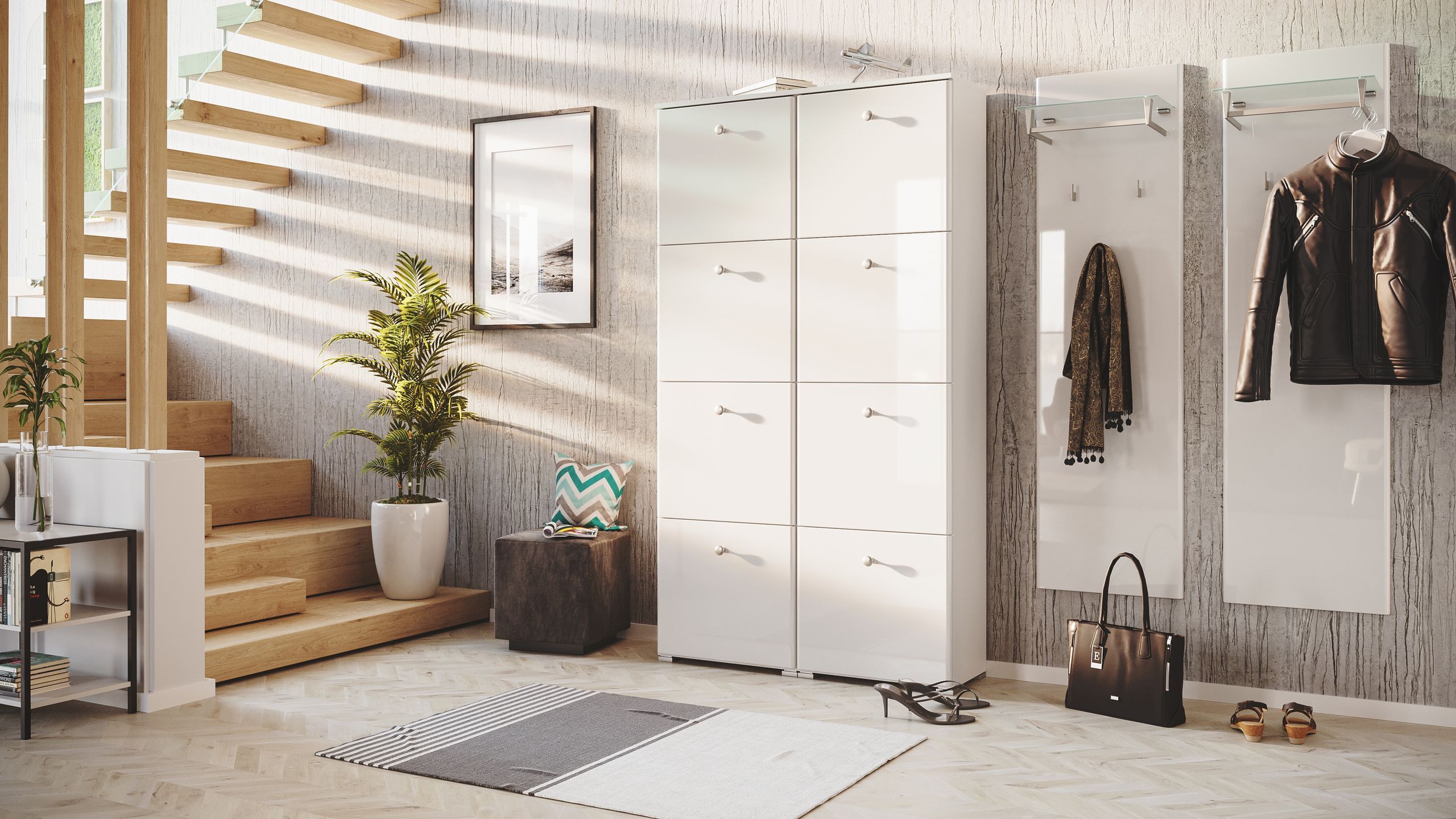 Garderobe Set 110 Ventura 3 tlg Schuhschrank 8 Klappen 32 Paar Weiss-Brombeer