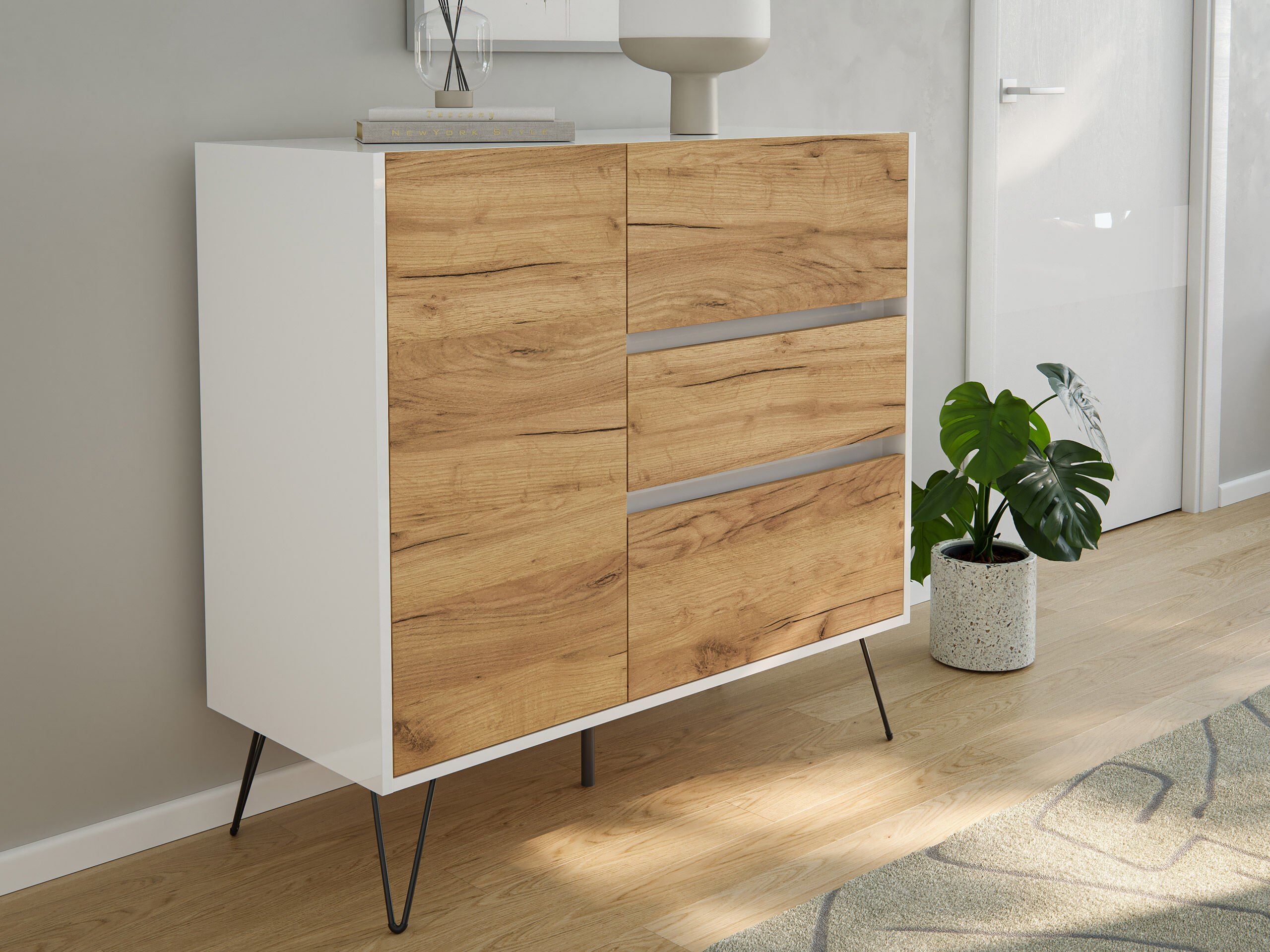 Sideboard Yako XL 100cm 3 SoftClose 1 Tür Weiß/Eiche Front | Eiche Gold / Weiss hochglanz