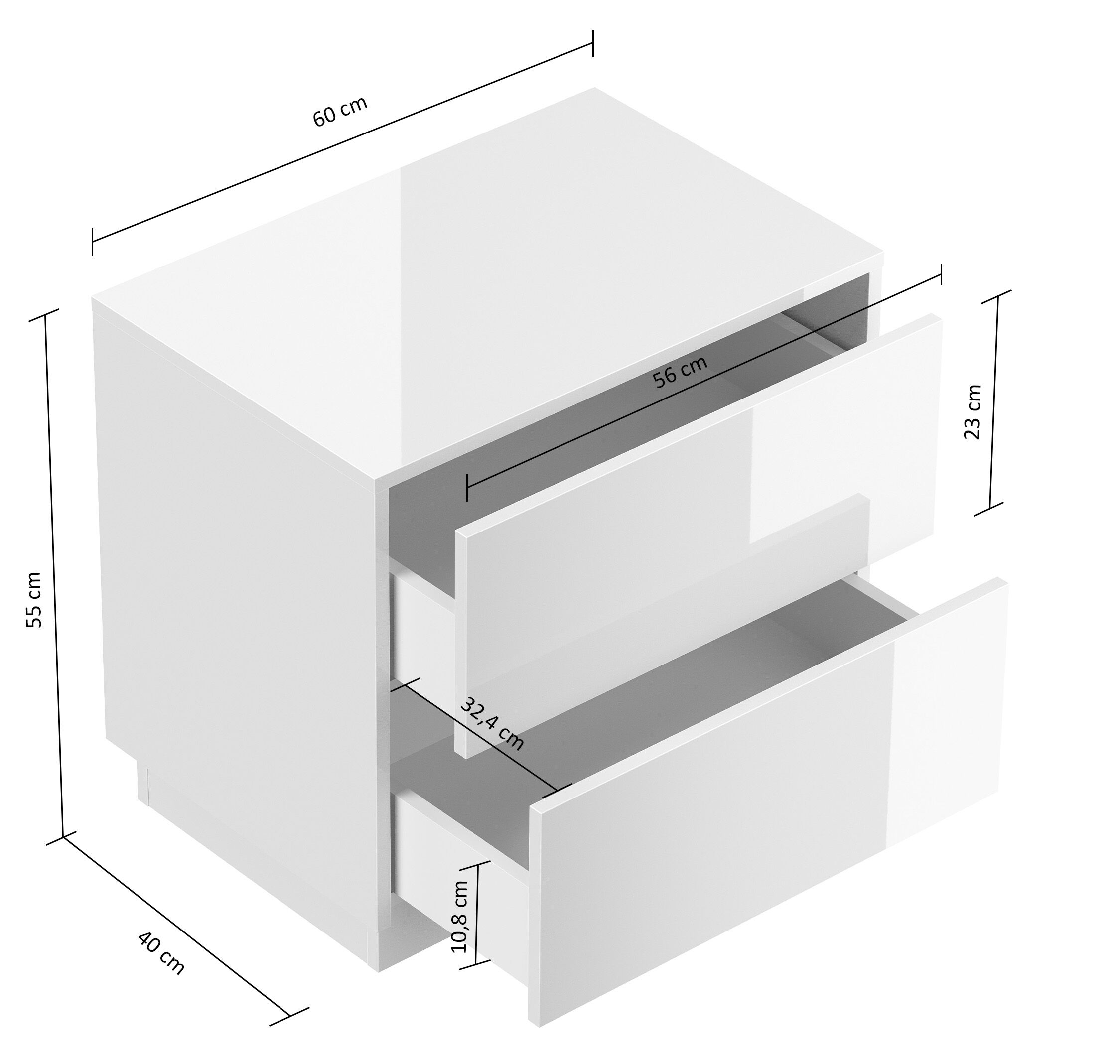 Design Nachttisch Concepto L 60cm stehend, 2 Pushauszüge Weiß Hgl Eiche